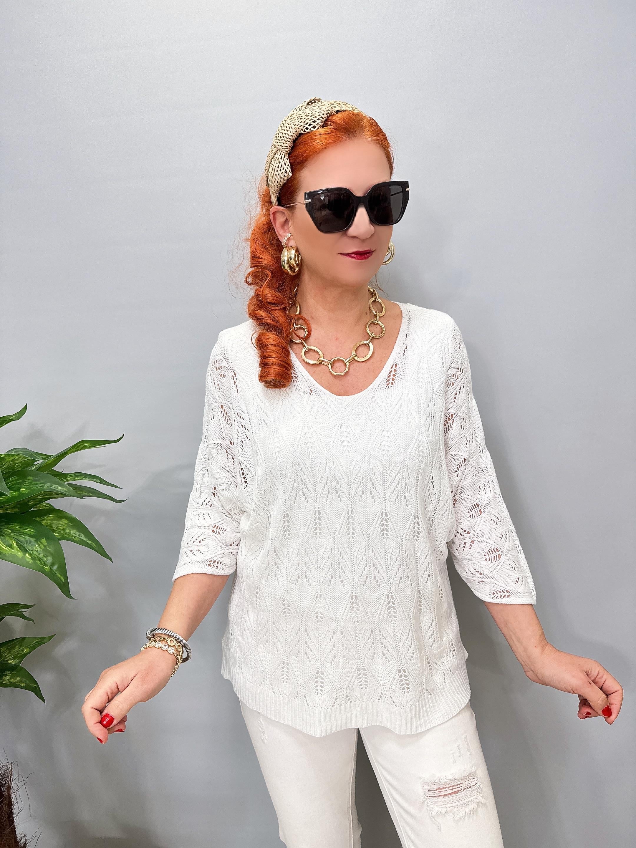 6690 Italyan Ajurlu Triko Bluz Beyaz