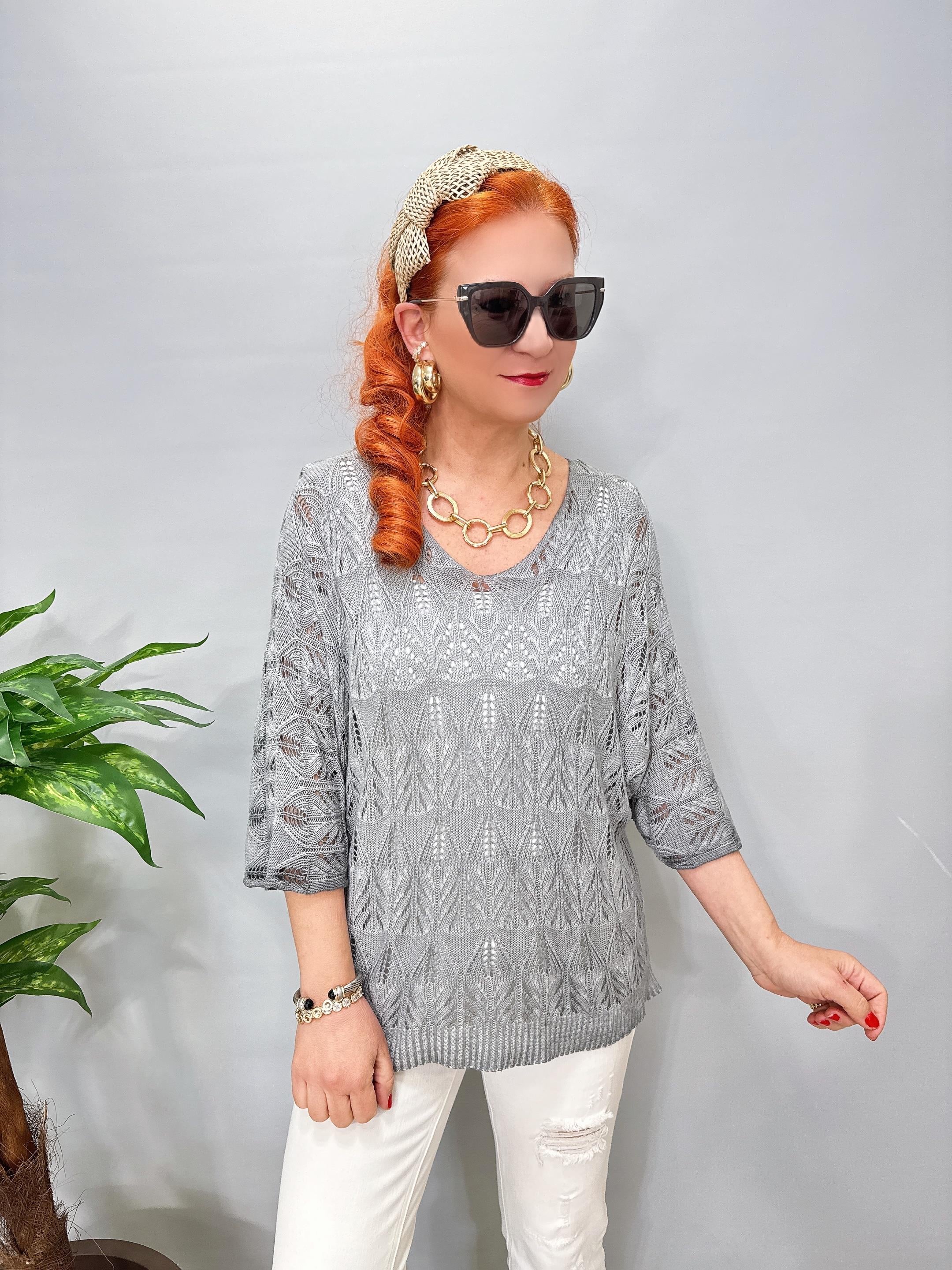 6690 Italyan Ajurlu Triko Bluz Gri