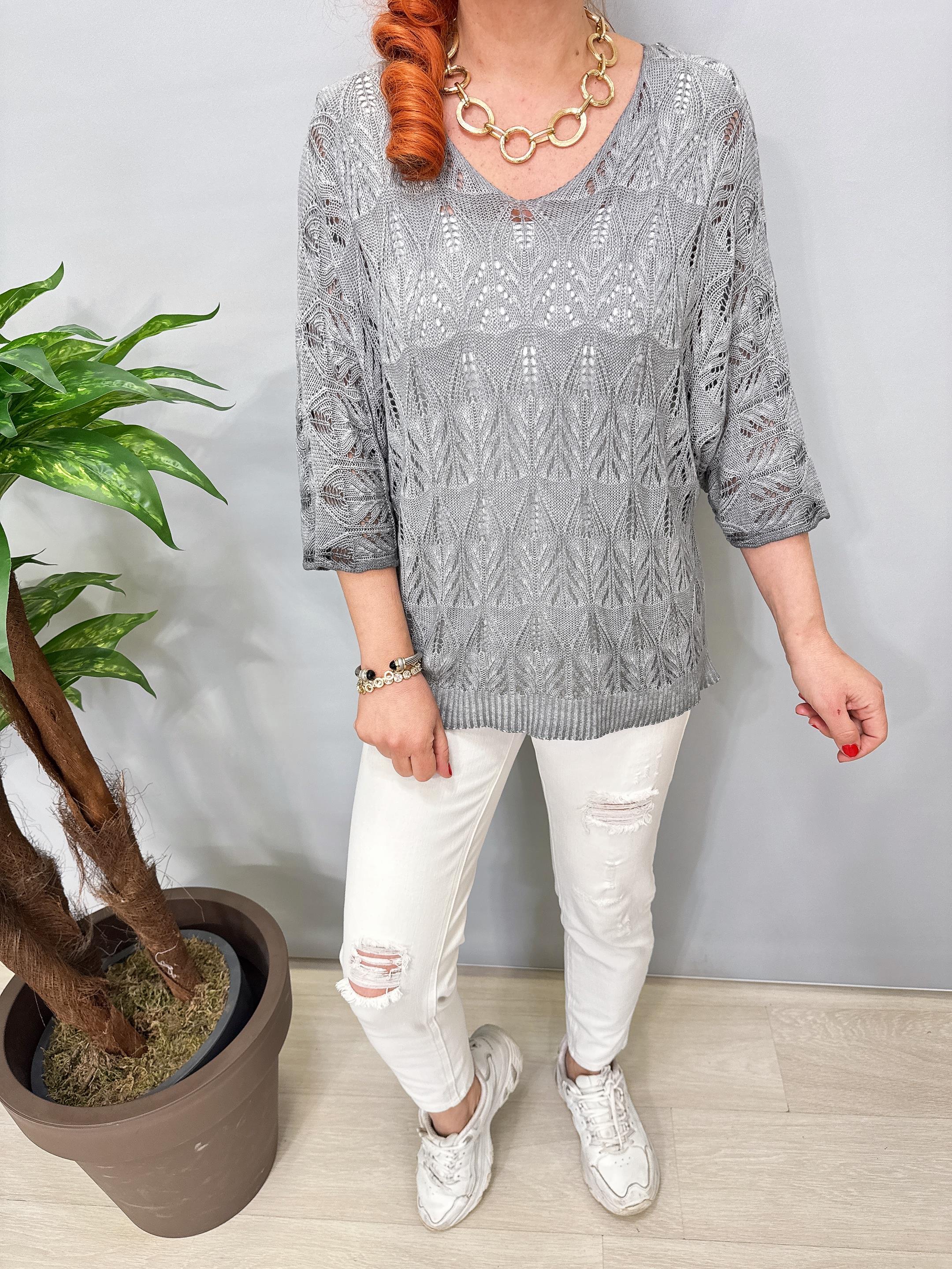 6690 Italyan Ajurlu Triko Bluz Gri