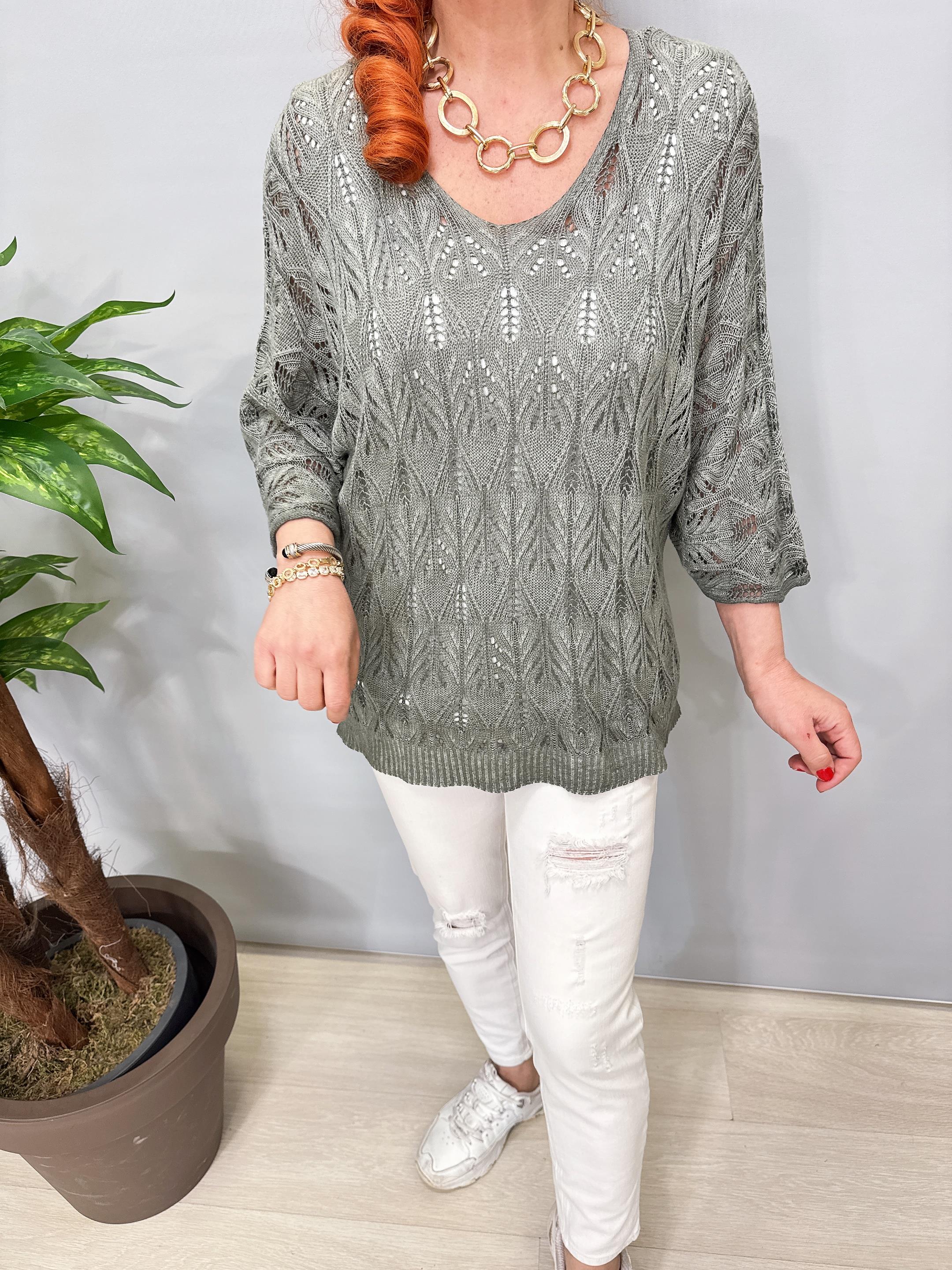 6690 Italyan Ajurlu Triko Bluz Haki