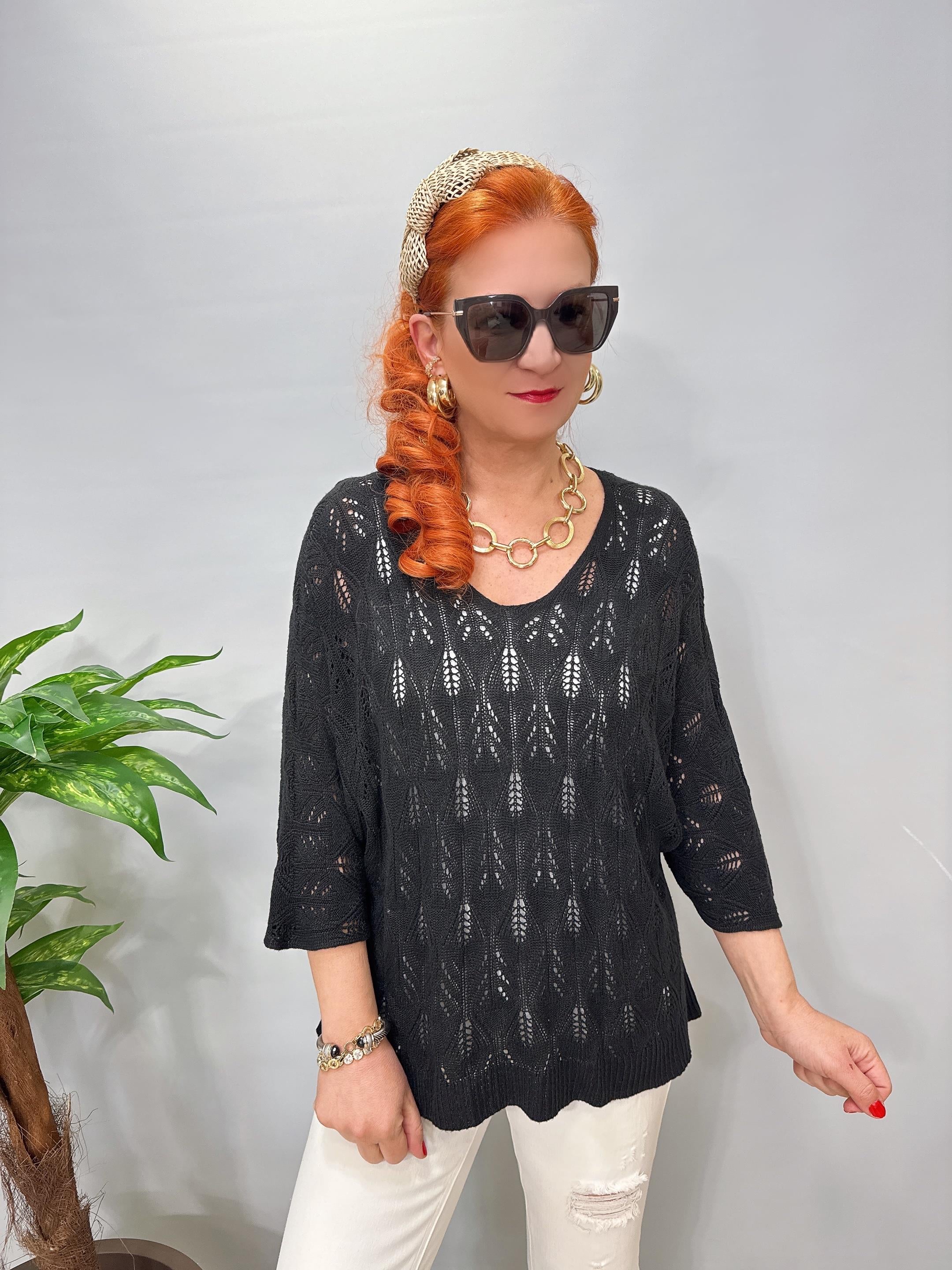 6690 Italyan Ajurlu Triko Bluz Siyah