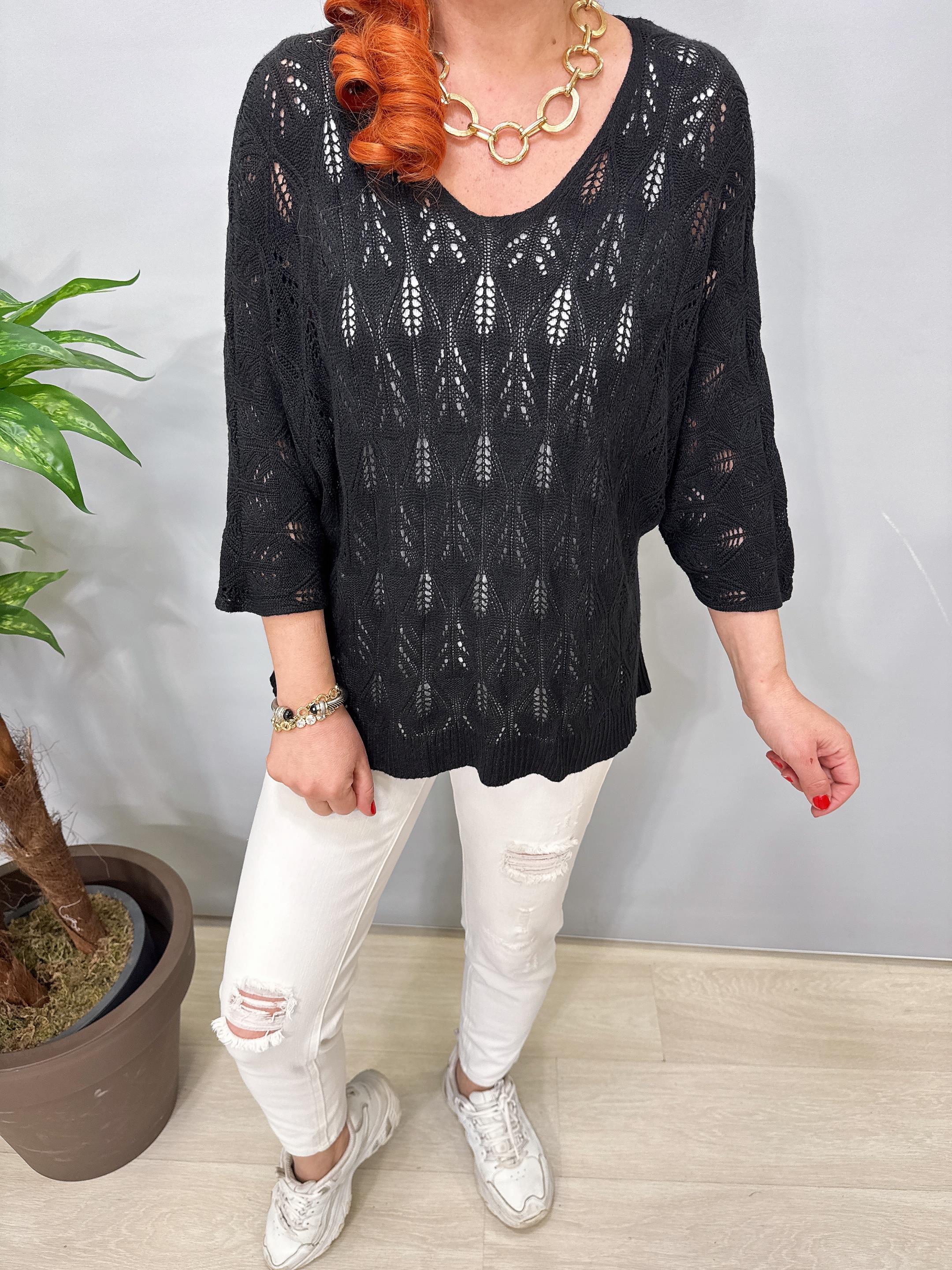 6690 Italyan Ajurlu Triko Bluz Siyah