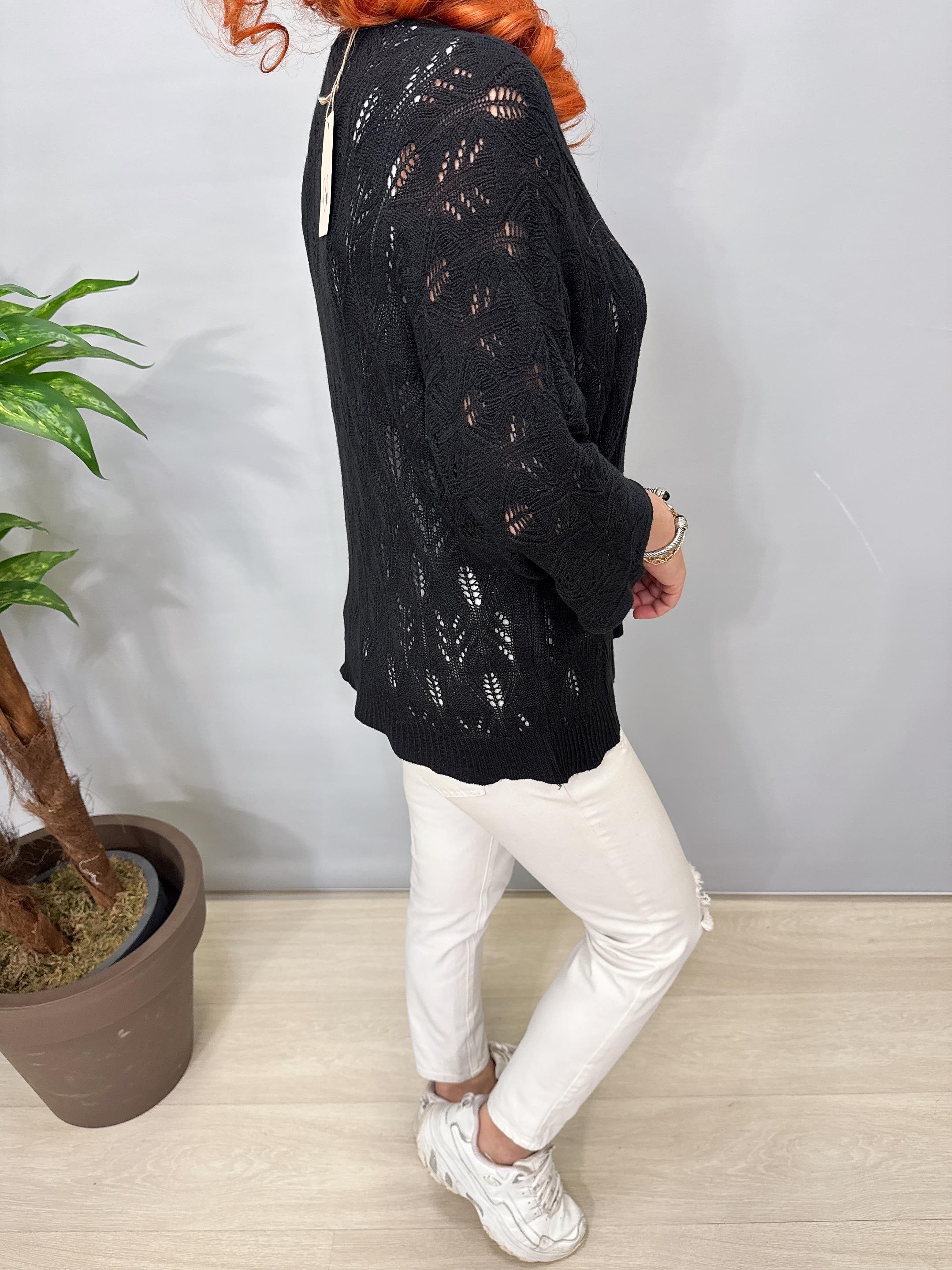 6690 Italyan Ajurlu Triko Bluz Siyah