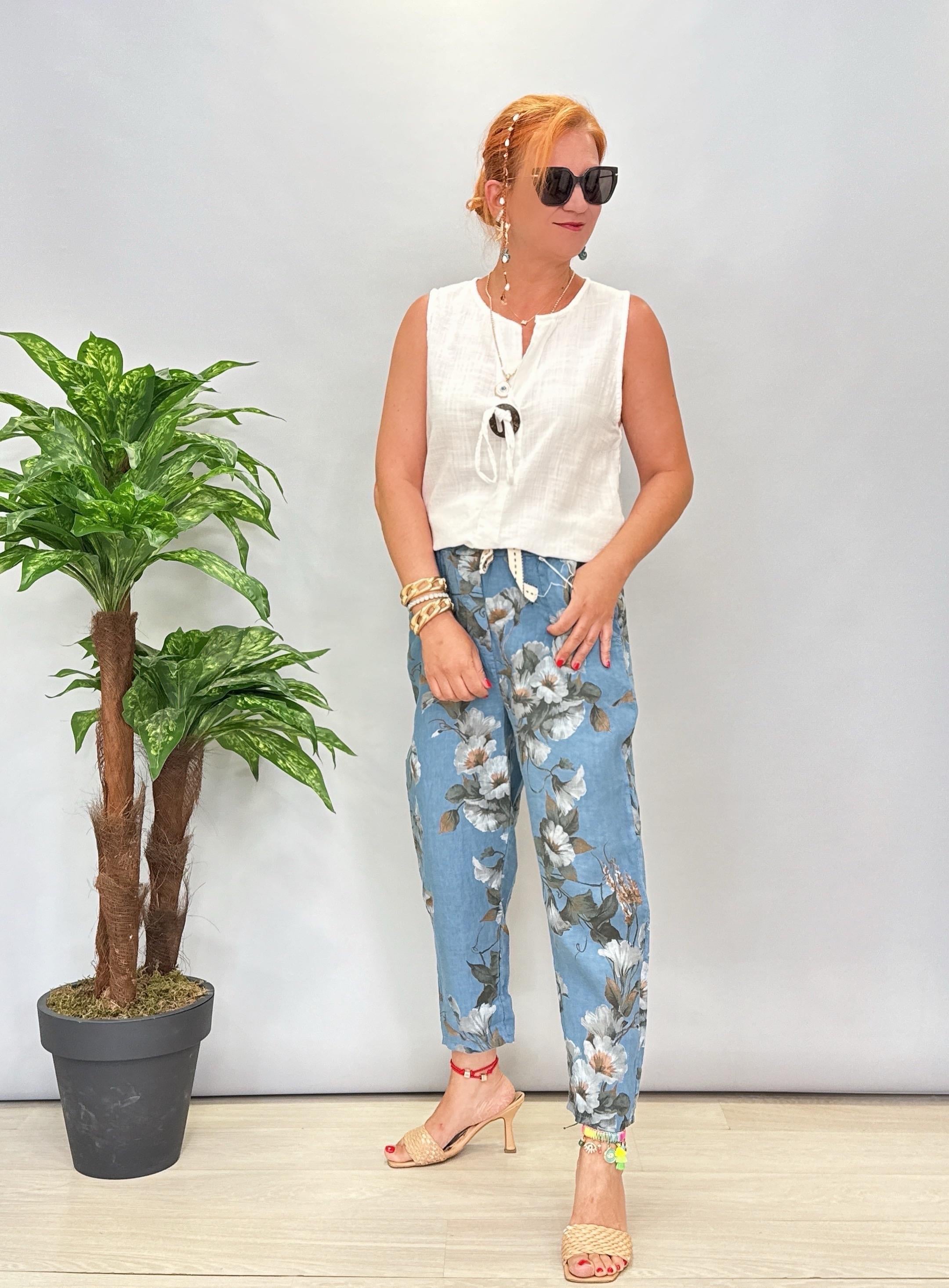 6699 Italyan Keten Pantolon Mavi