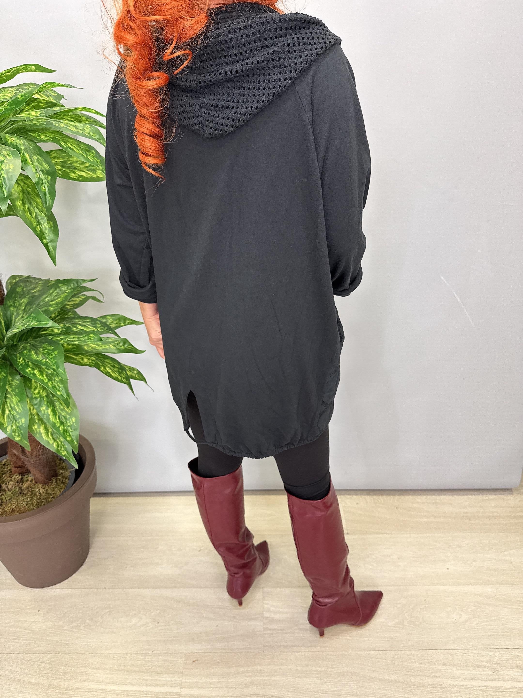 6878 Italyan Kapşonu File Detay Ceket Siyah