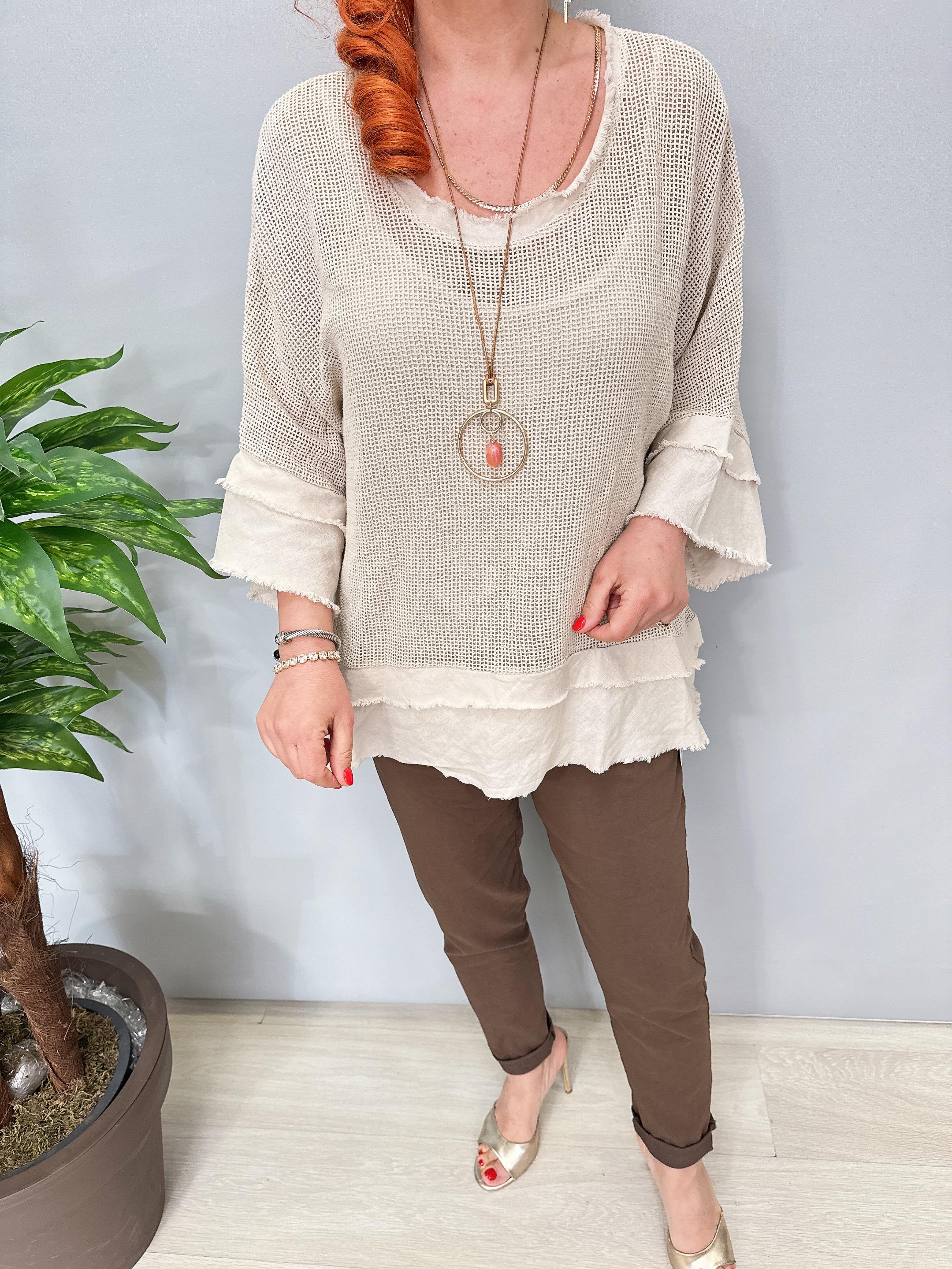 7005 Italyan Pamuklu File Bluz Taş