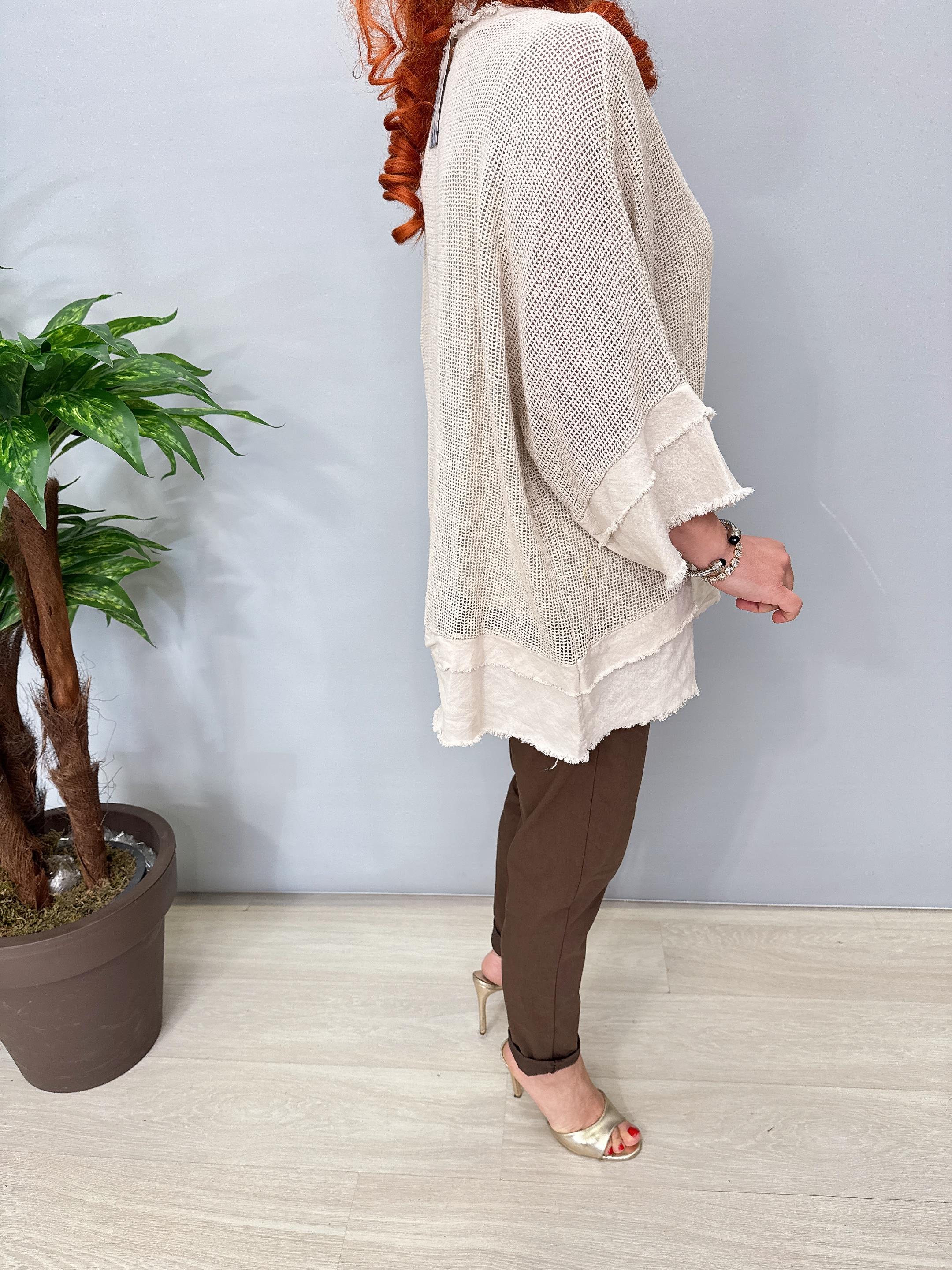 7005 Italyan Pamuklu File Bluz Taş