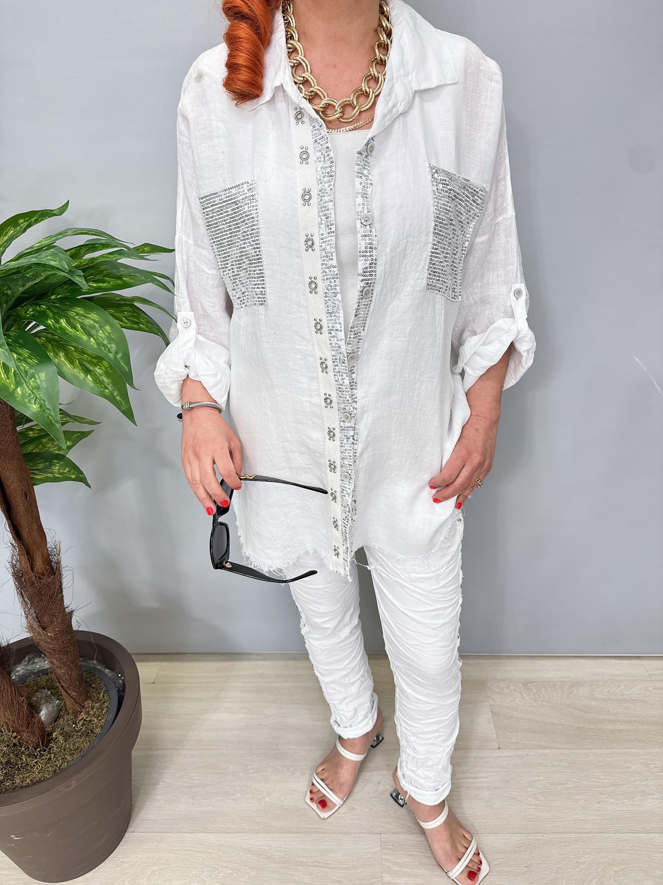 7010 Italyan Ham Keten Gömlek Ceket Beyaz