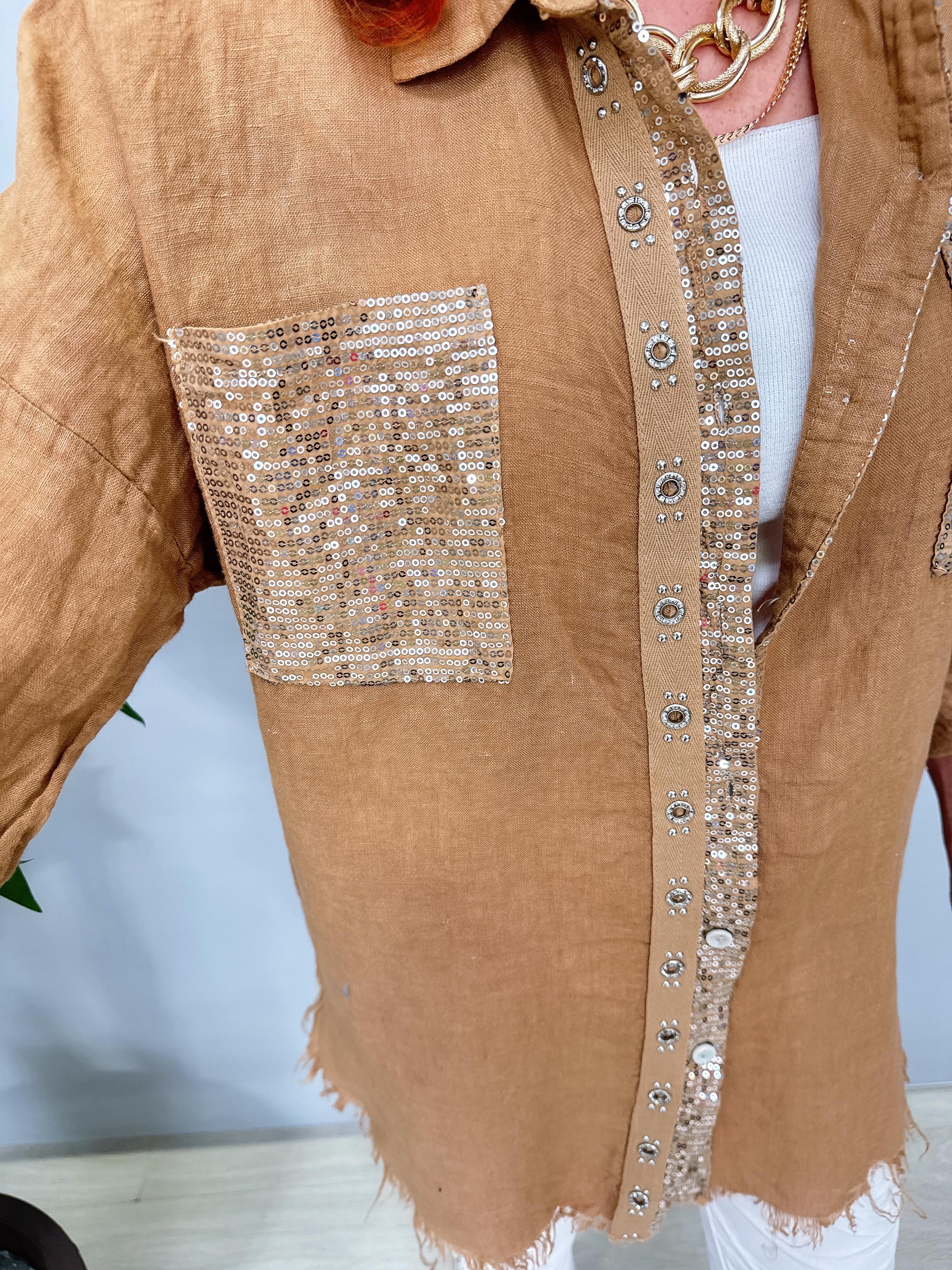 7010 Italyan Ham Keten Gömlek Ceket Camel