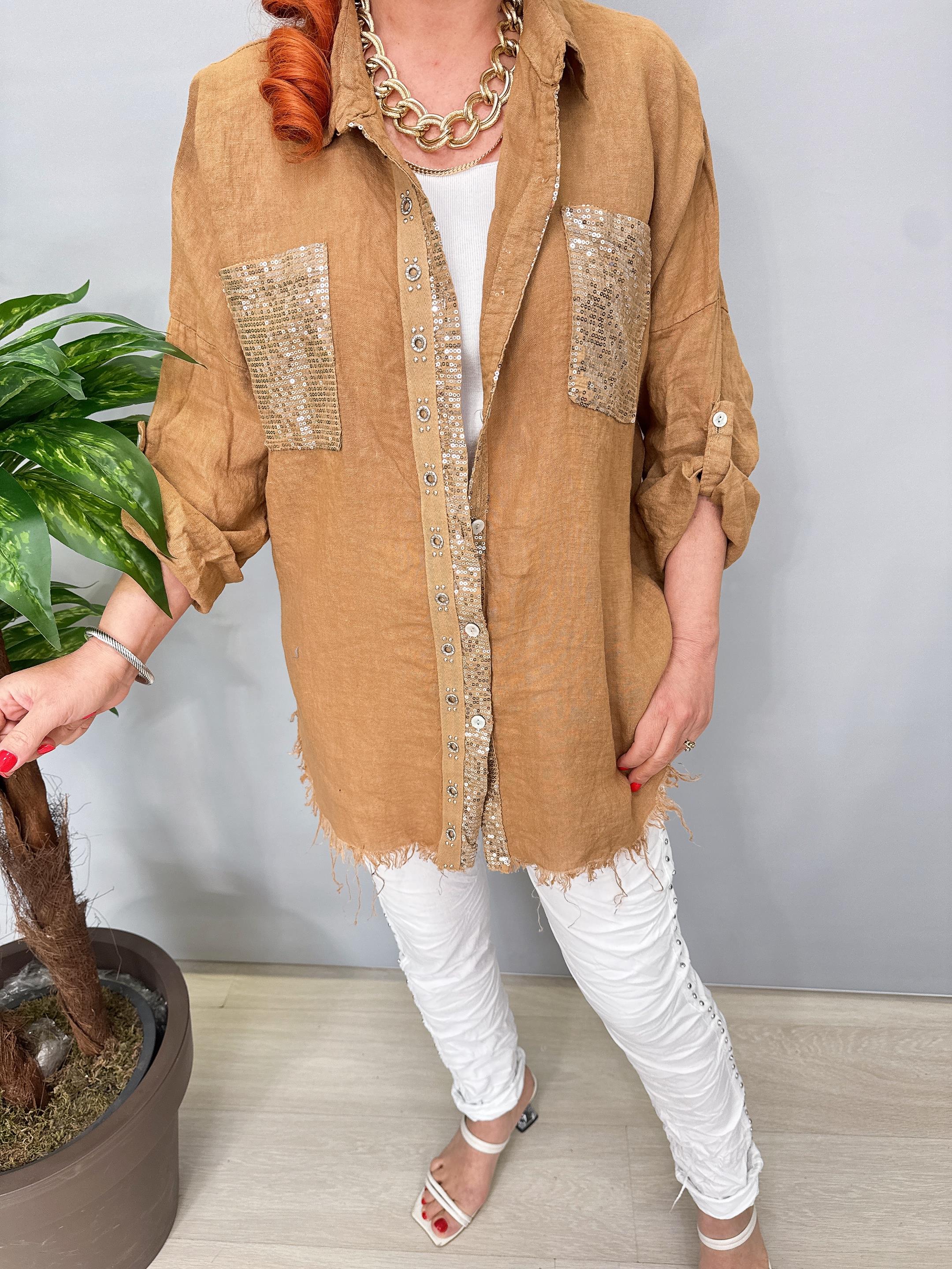 7010 Italyan Ham Keten Gömlek Ceket Camel