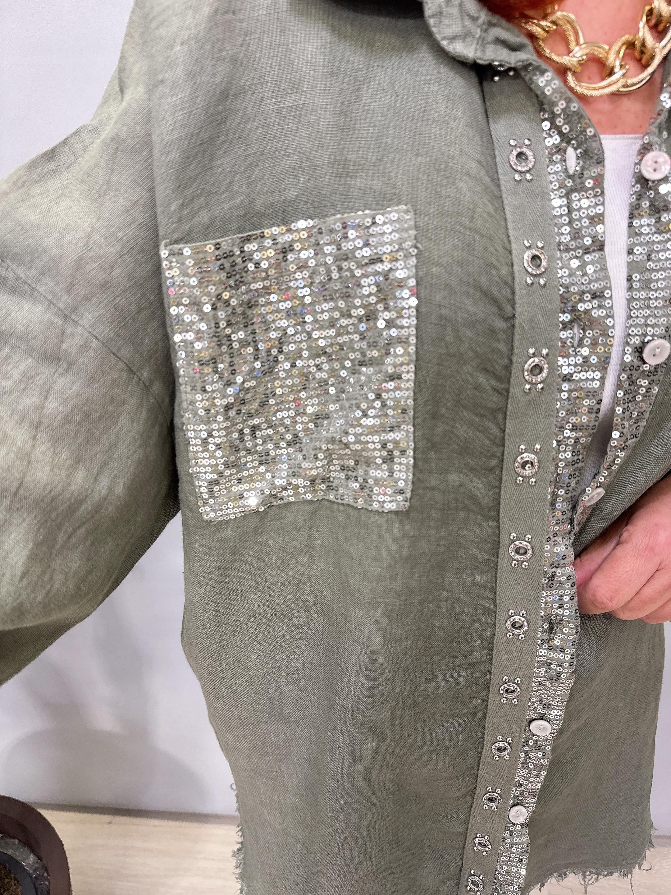 7010 Italyan Ham Keten Gömlek Ceket  Haki