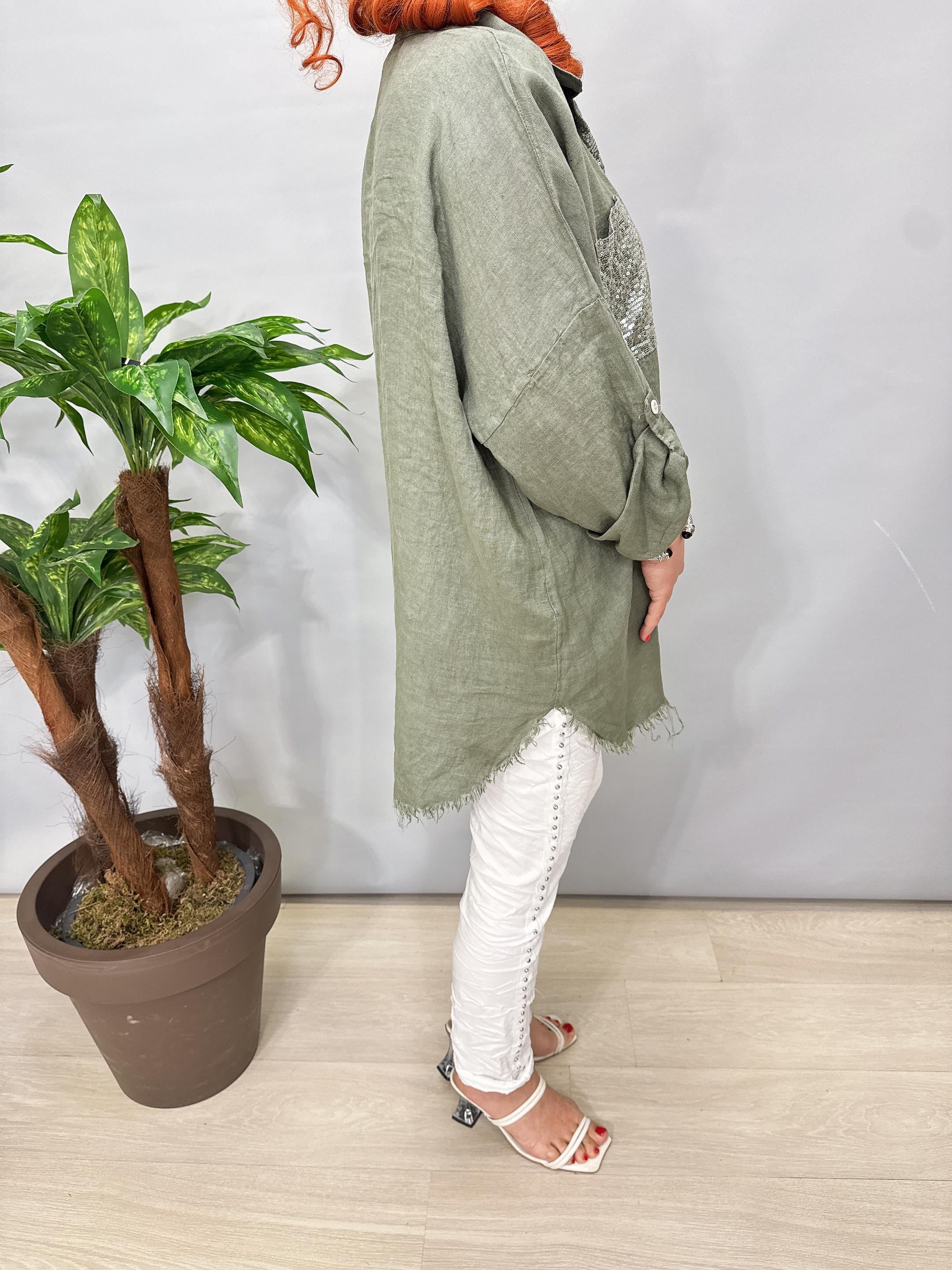 7010 Italyan Ham Keten Gömlek Ceket  Haki