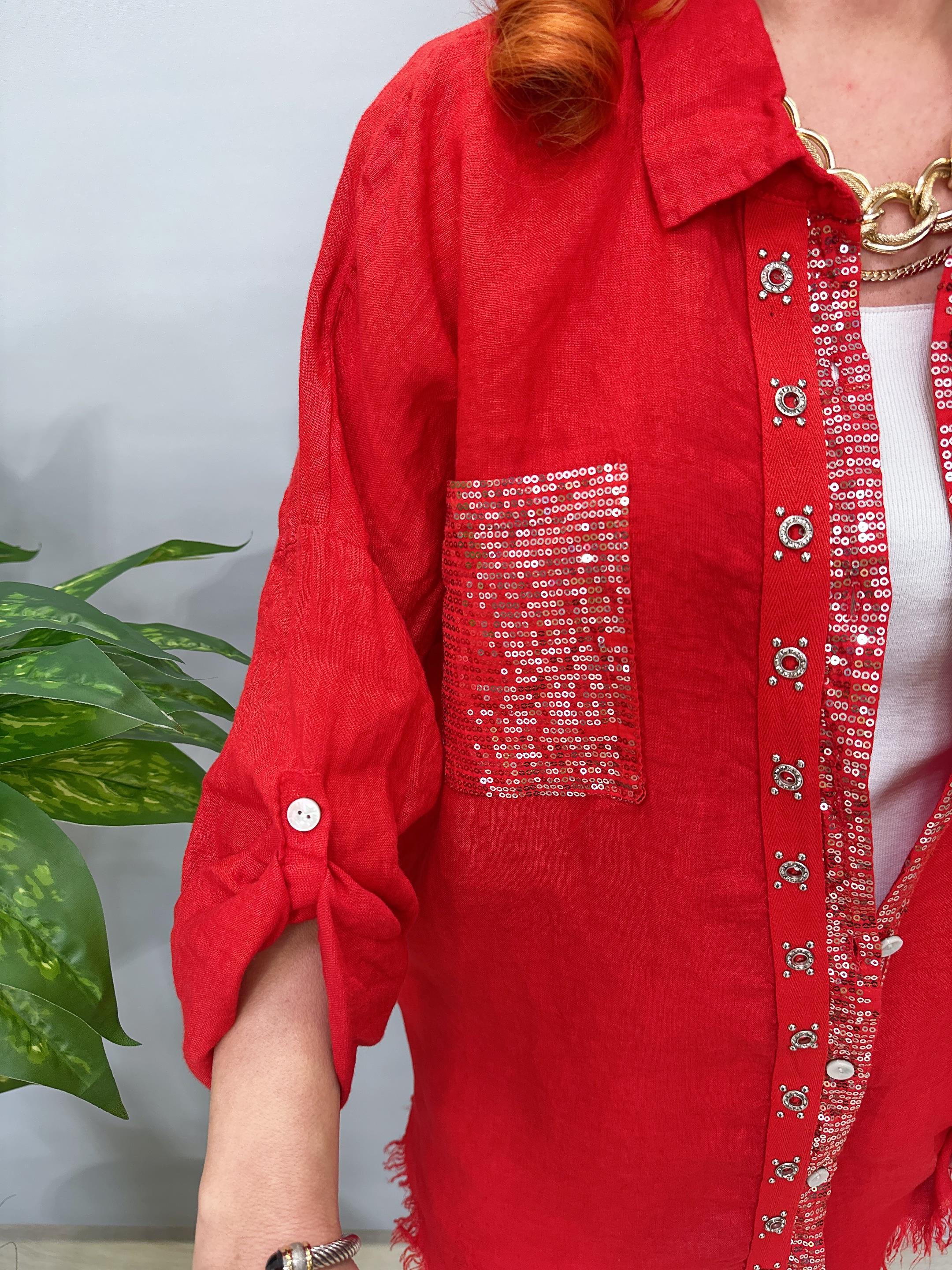 7010 Italyan Ham Keten Gömlek Ceket Kırmızı