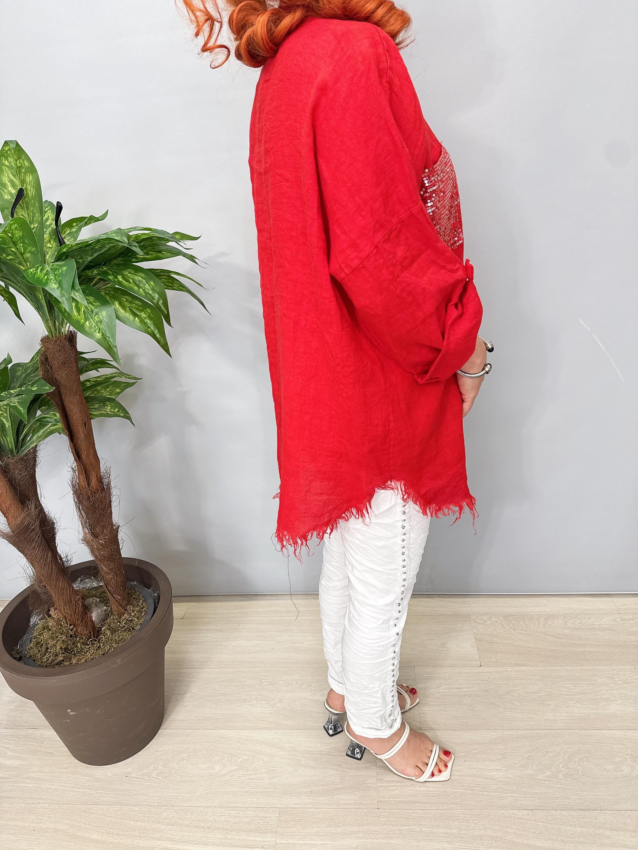 7010 Italyan Ham Keten Gömlek Ceket Kırmızı