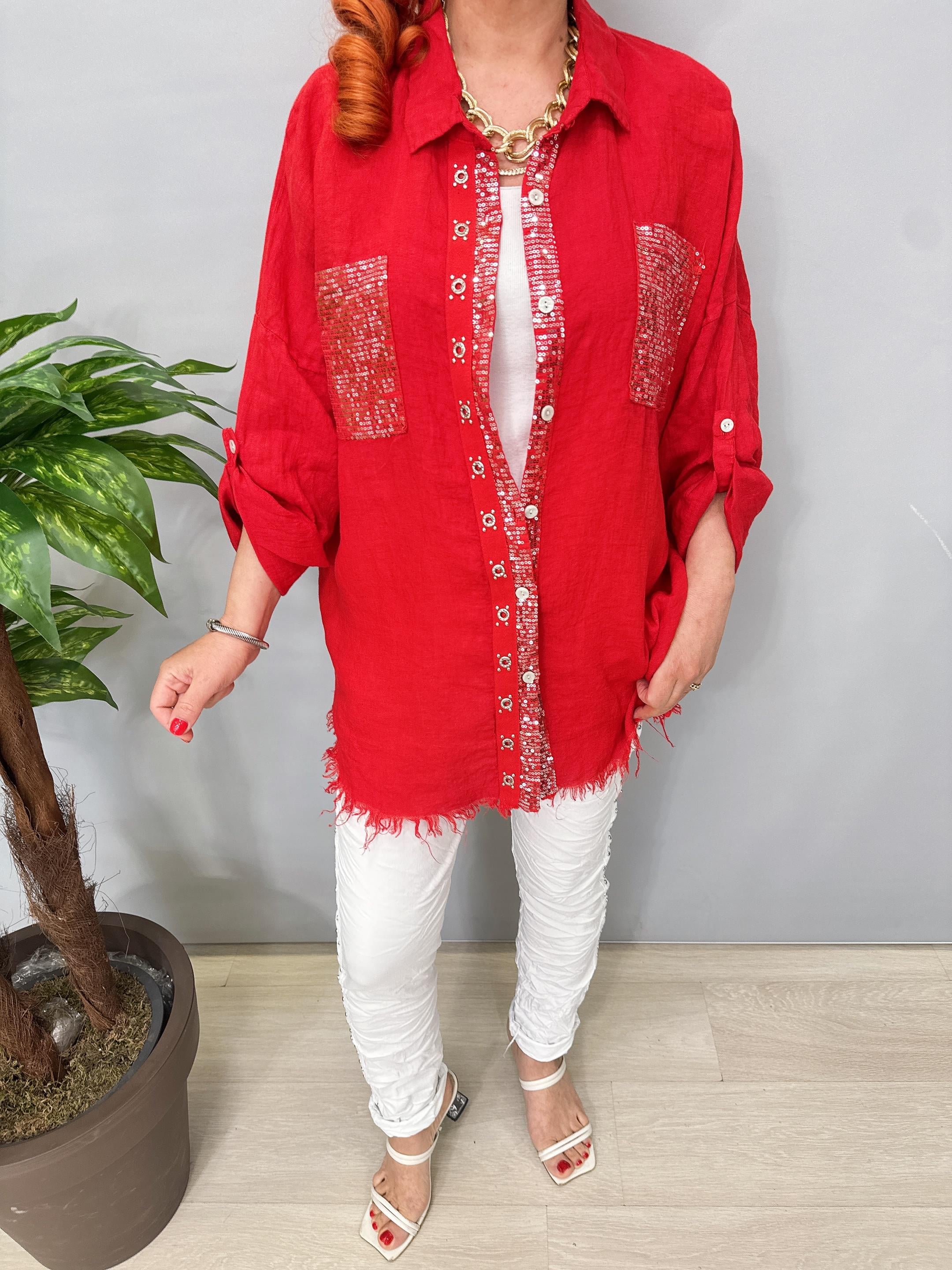 7010 Italyan Ham Keten Gömlek Ceket Kırmızı