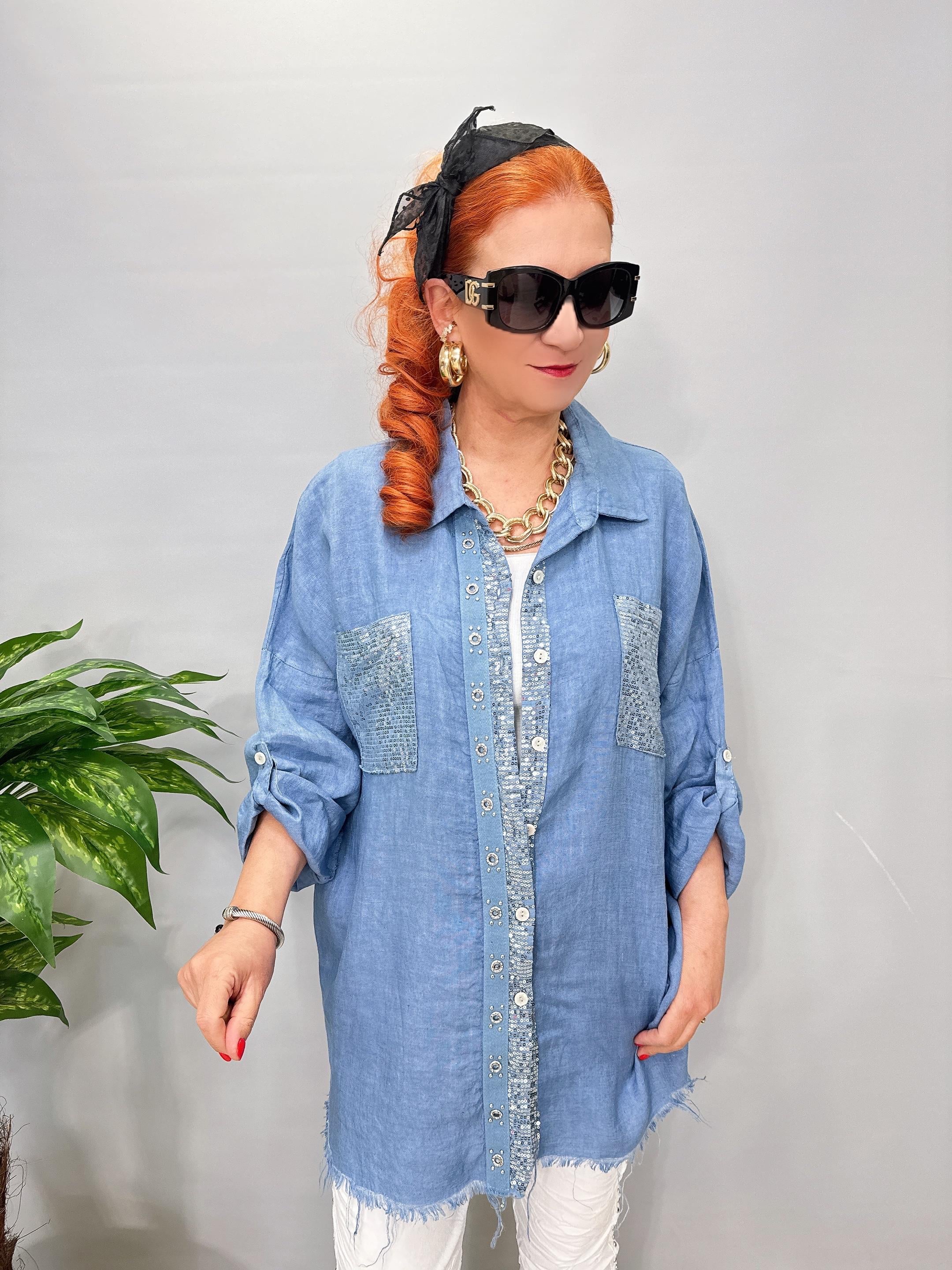 7010 Italyan Ham Keten Gömlek Ceket Mavi