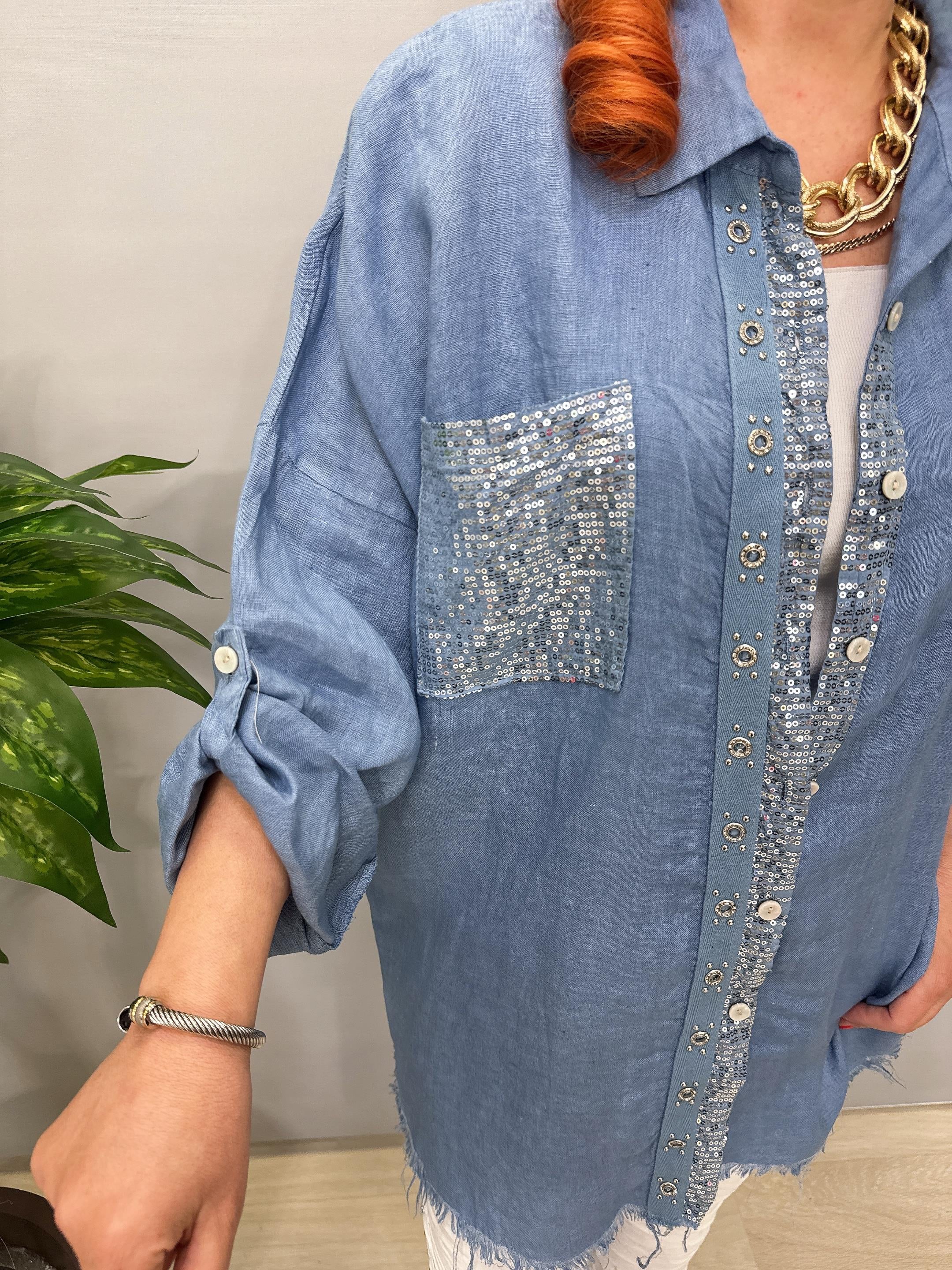 7010 Italyan Ham Keten Gömlek Ceket Mavi