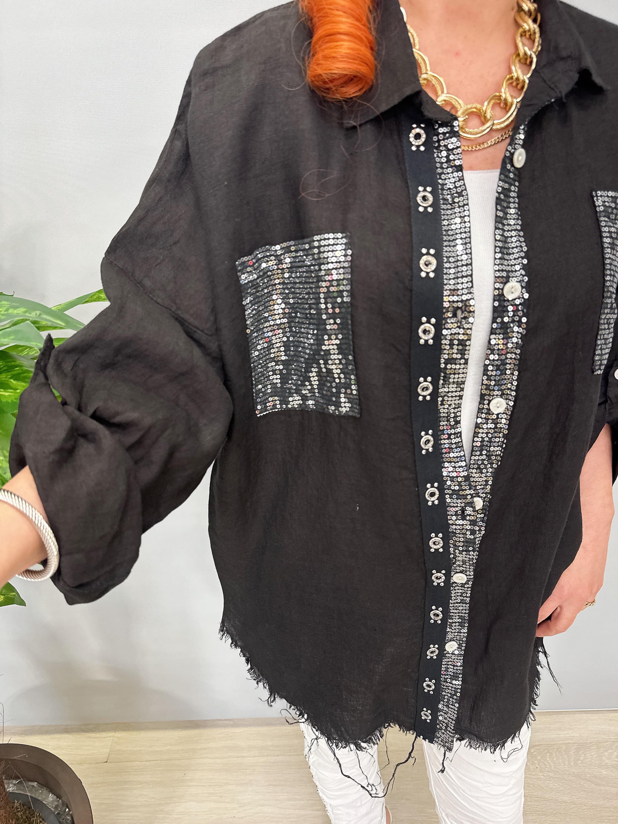 7010 Italyan Ham Keten Gömlek Ceket Siyah