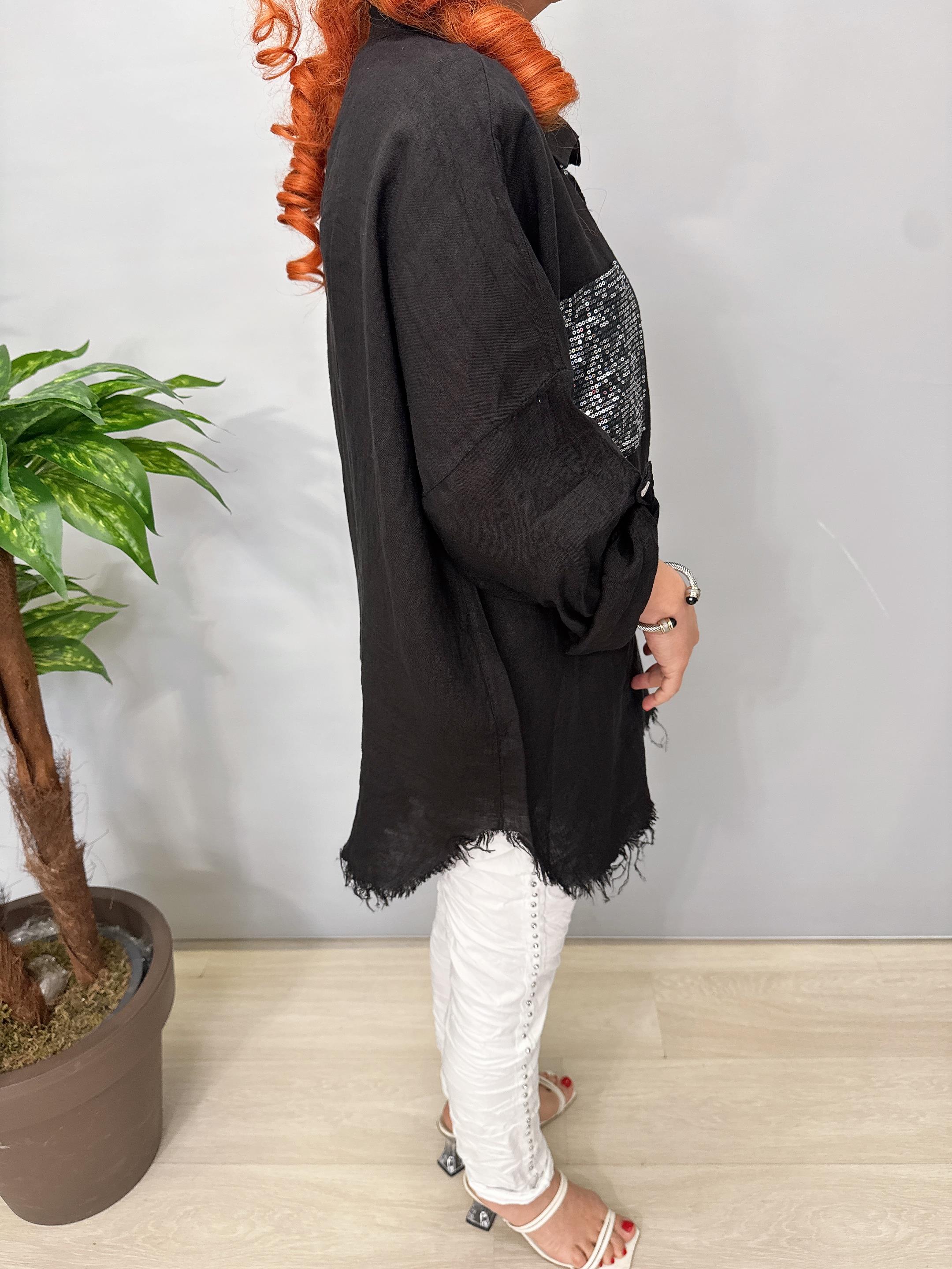 7010 Italyan Ham Keten Gömlek Ceket Siyah