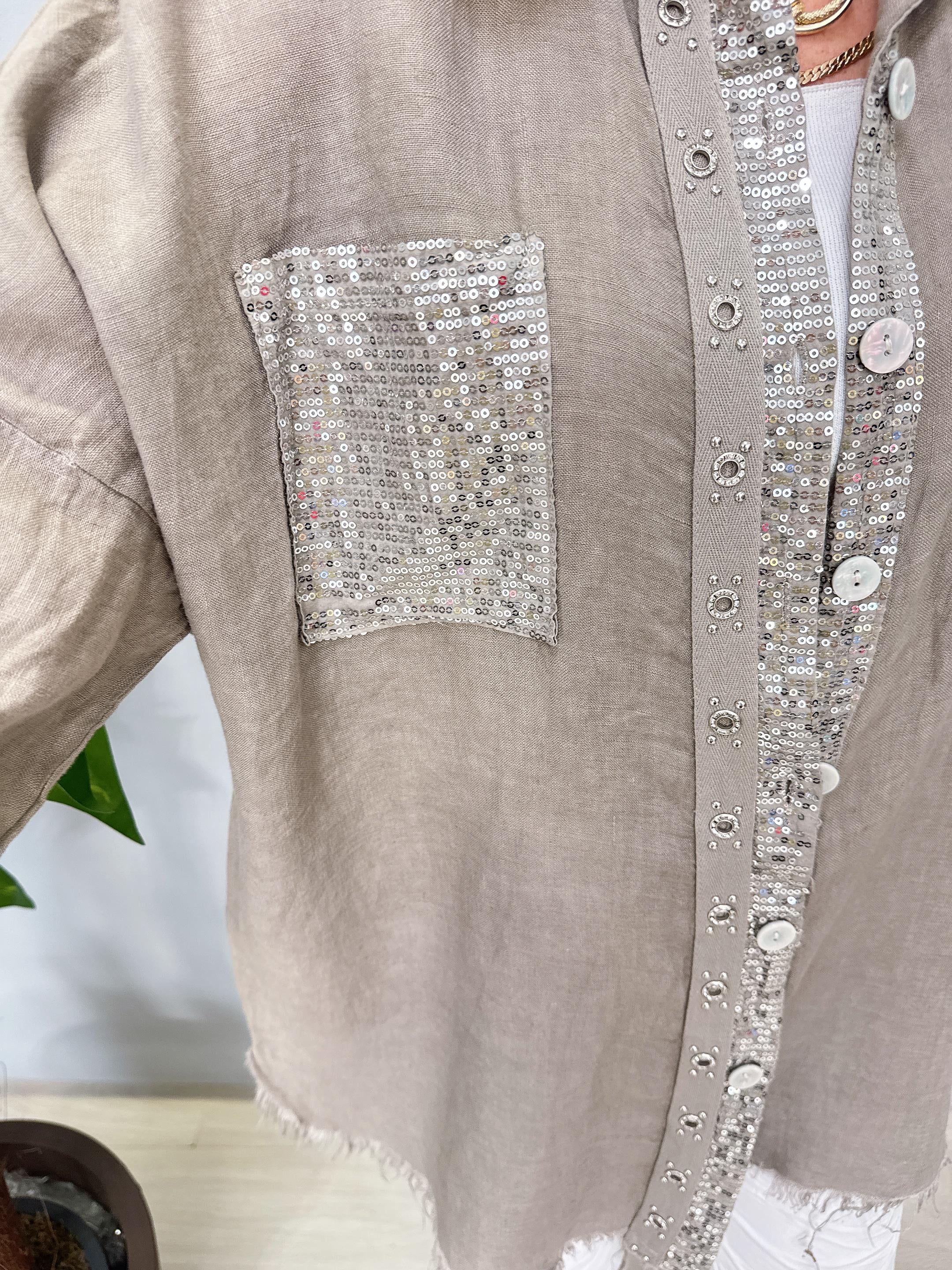 7010 Italyan Ham Keten Gömlek Ceket Vizon