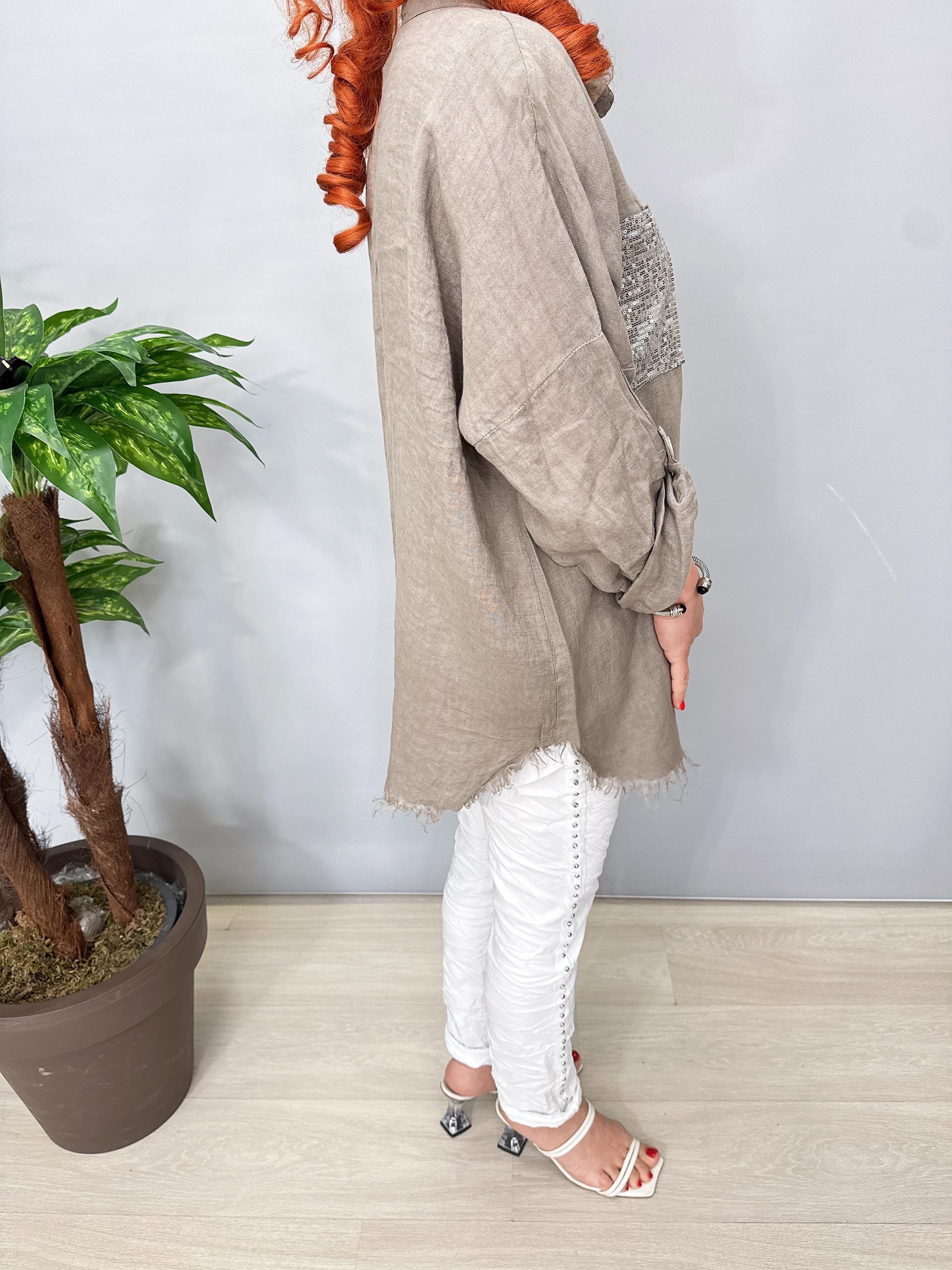 7010 Italyan Ham Keten Gömlek Ceket Vizon