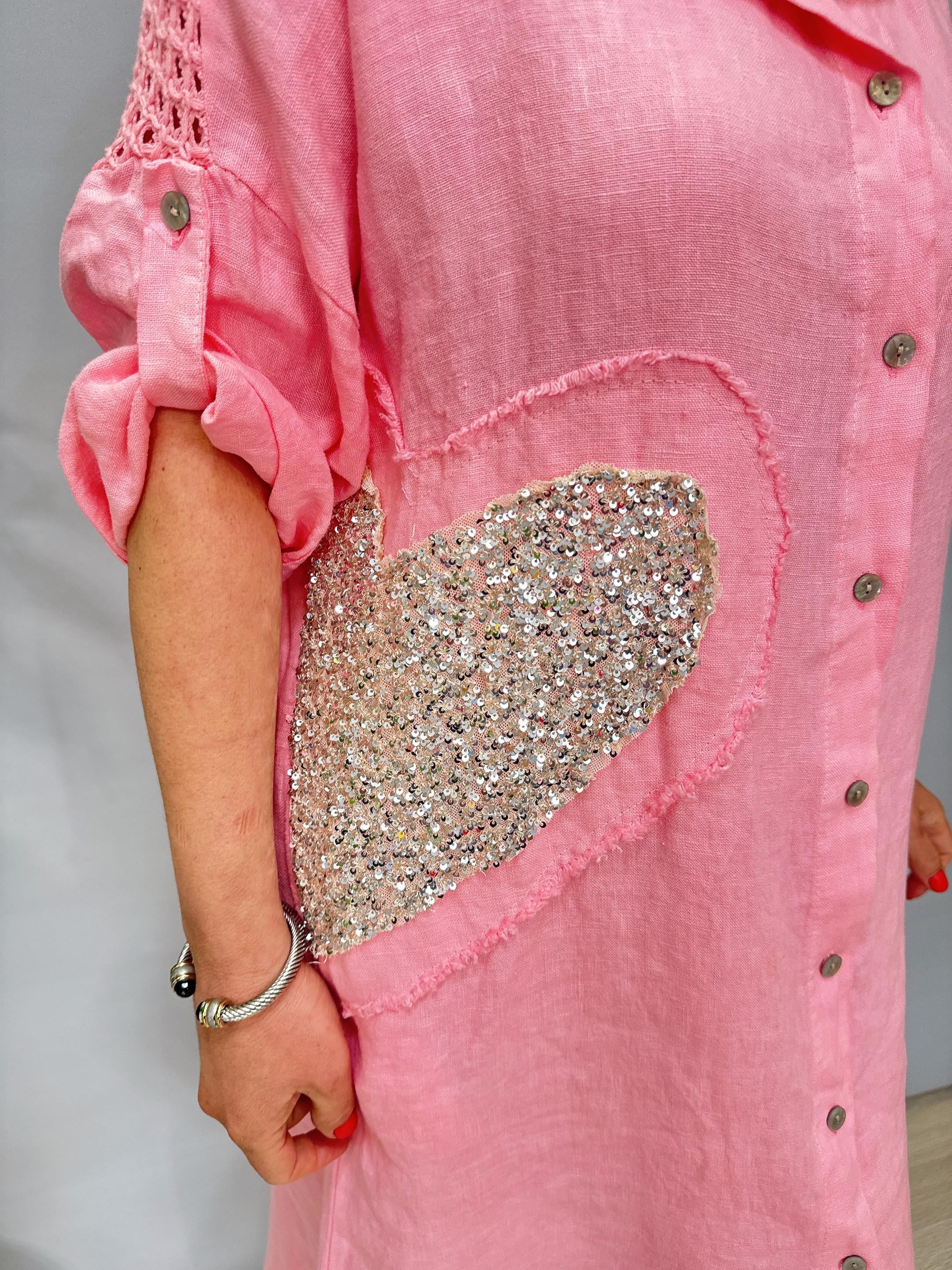 7025 Italyan Ham Keten Elbise Pembe