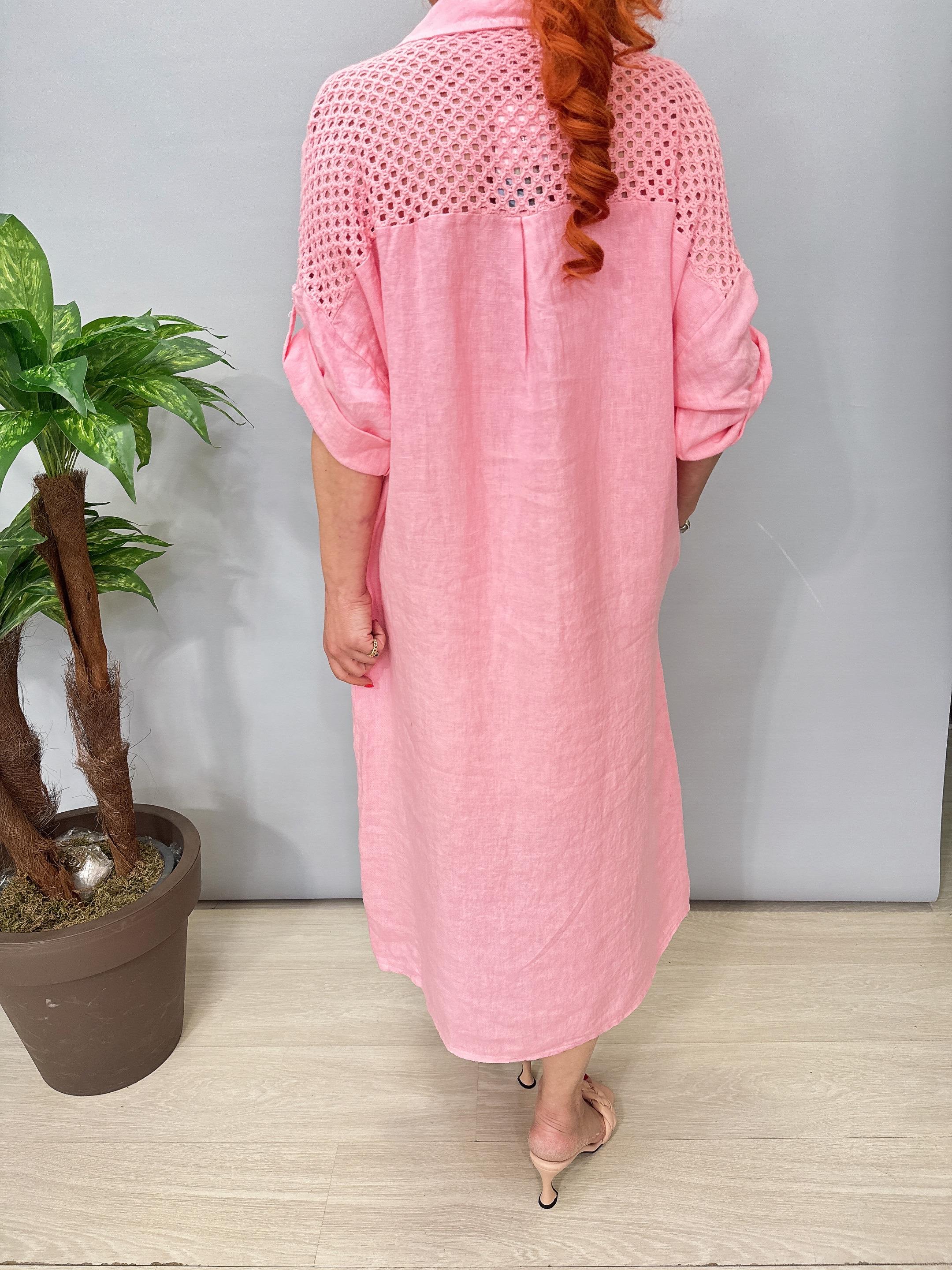 7025 Italyan Ham Keten Elbise Pembe