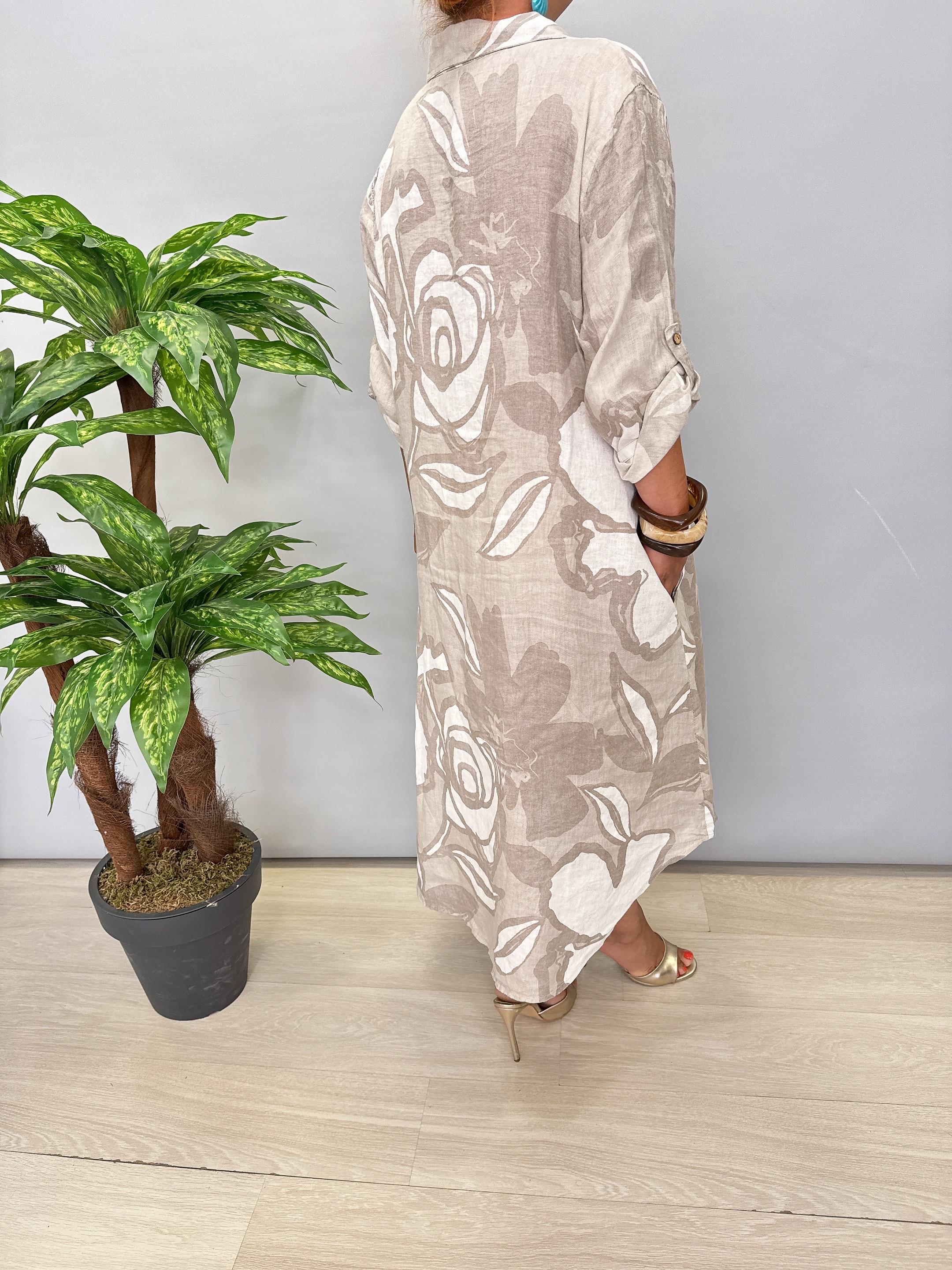 7685 Italyan Keten Elbise Taş 