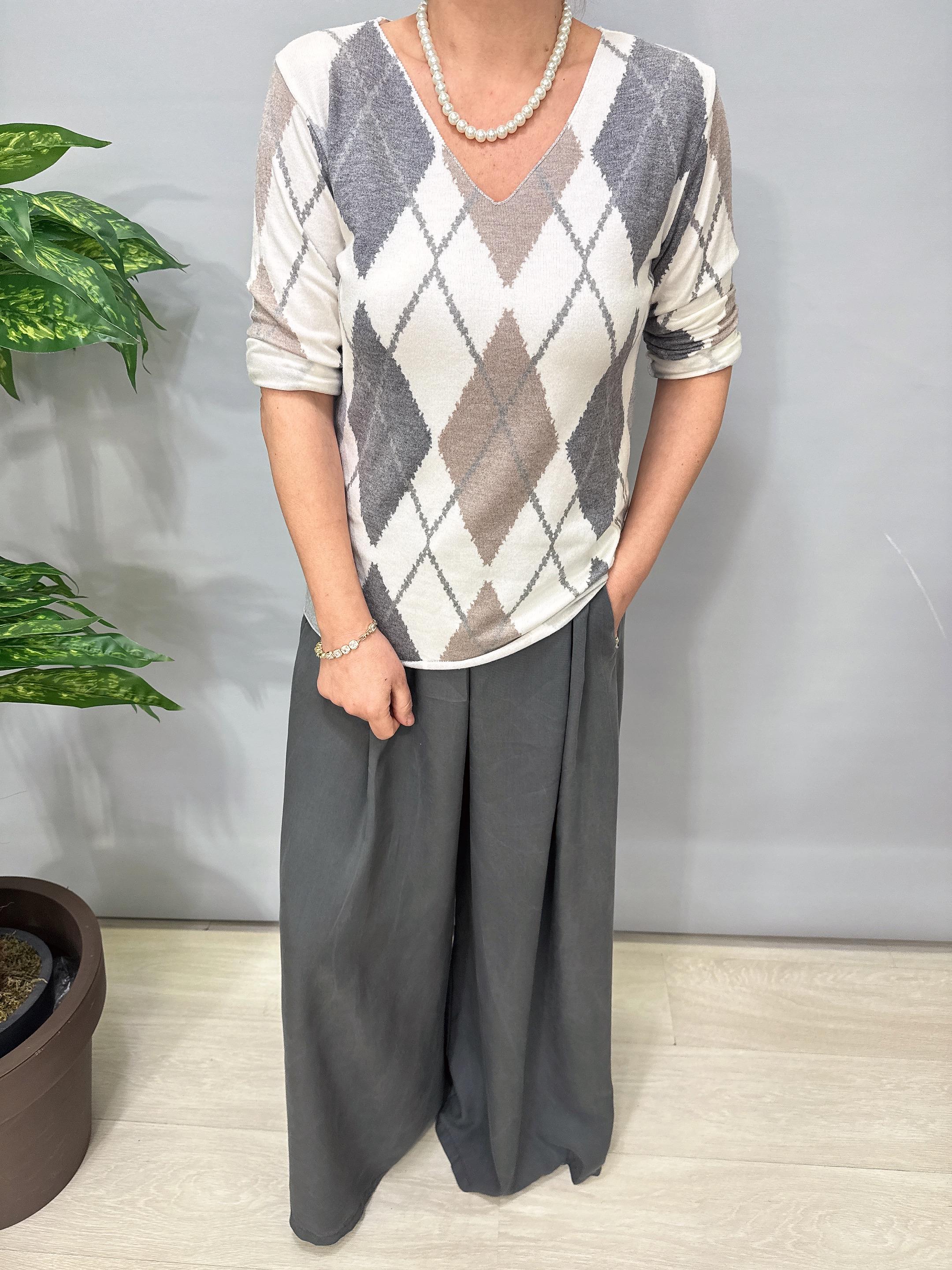 8025 Italyan Baklava Desen Triko Bluz Gri