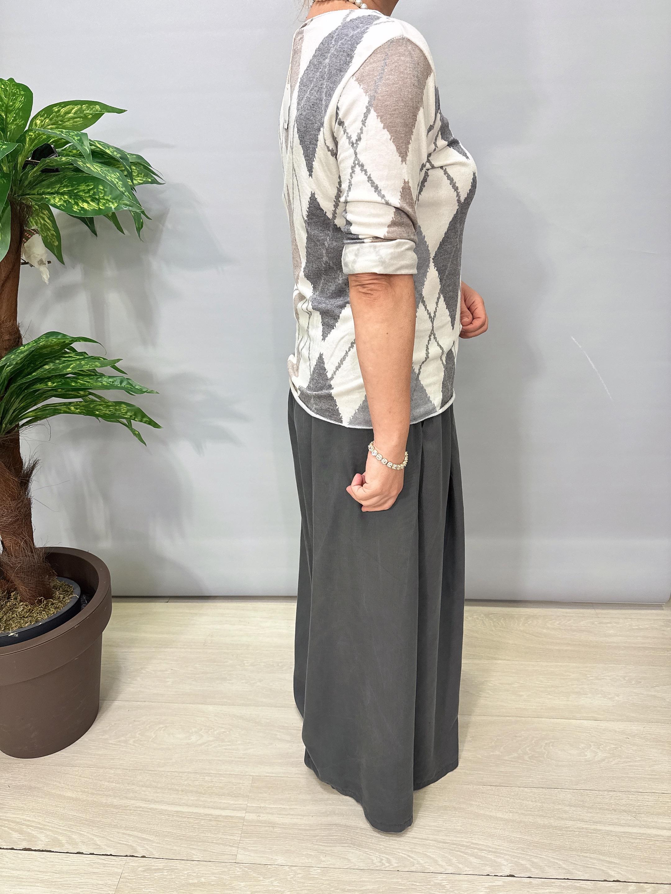 8025 Italyan Baklava Desen Triko Bluz Gri