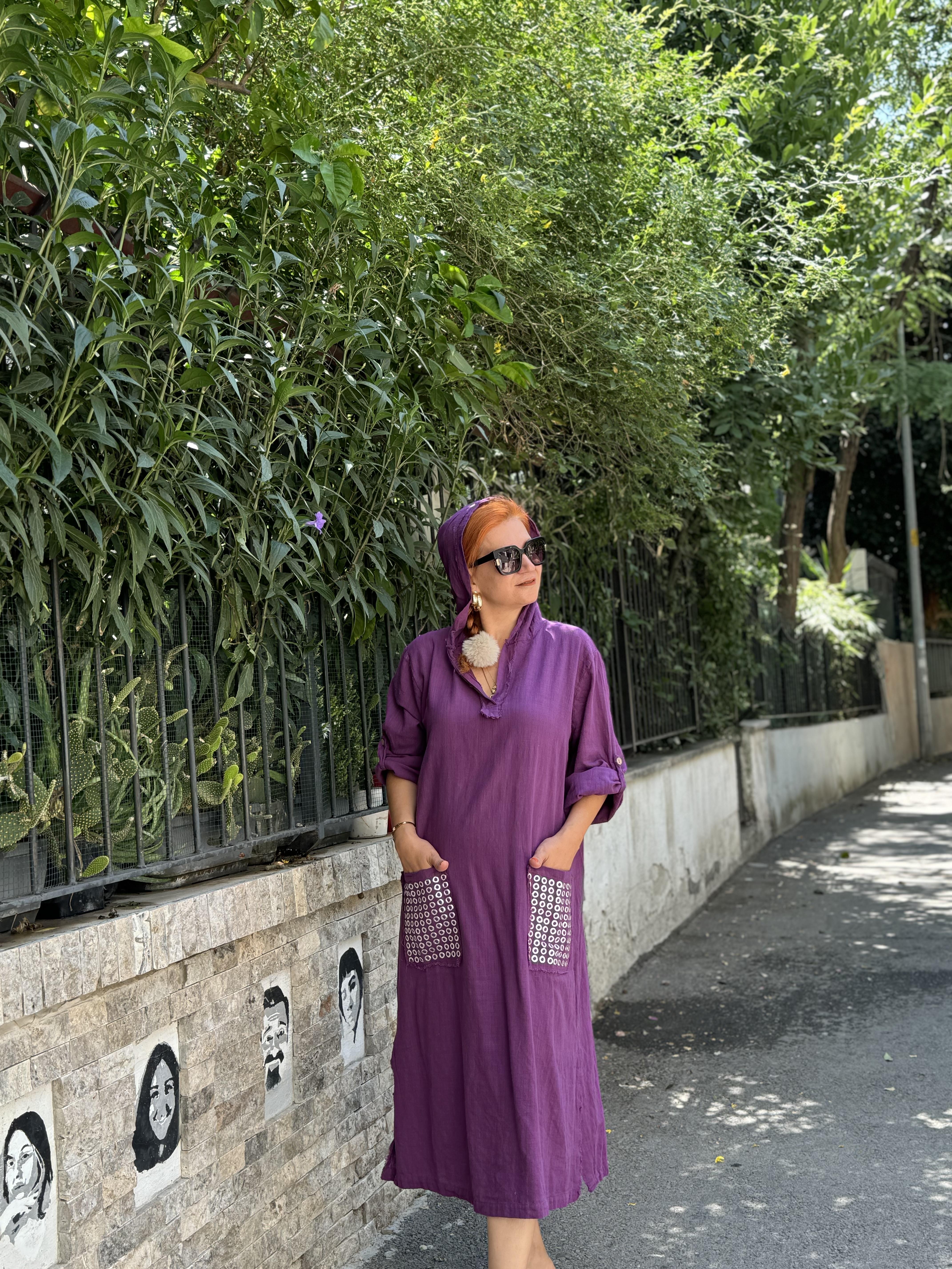 8040 PREMIUM İTALYAN PAMUKLU CEP DETAY KAPŞONLU ELBİSE 44 BEDENE KADAR UYUMLUDUR MOR boyum 1.64