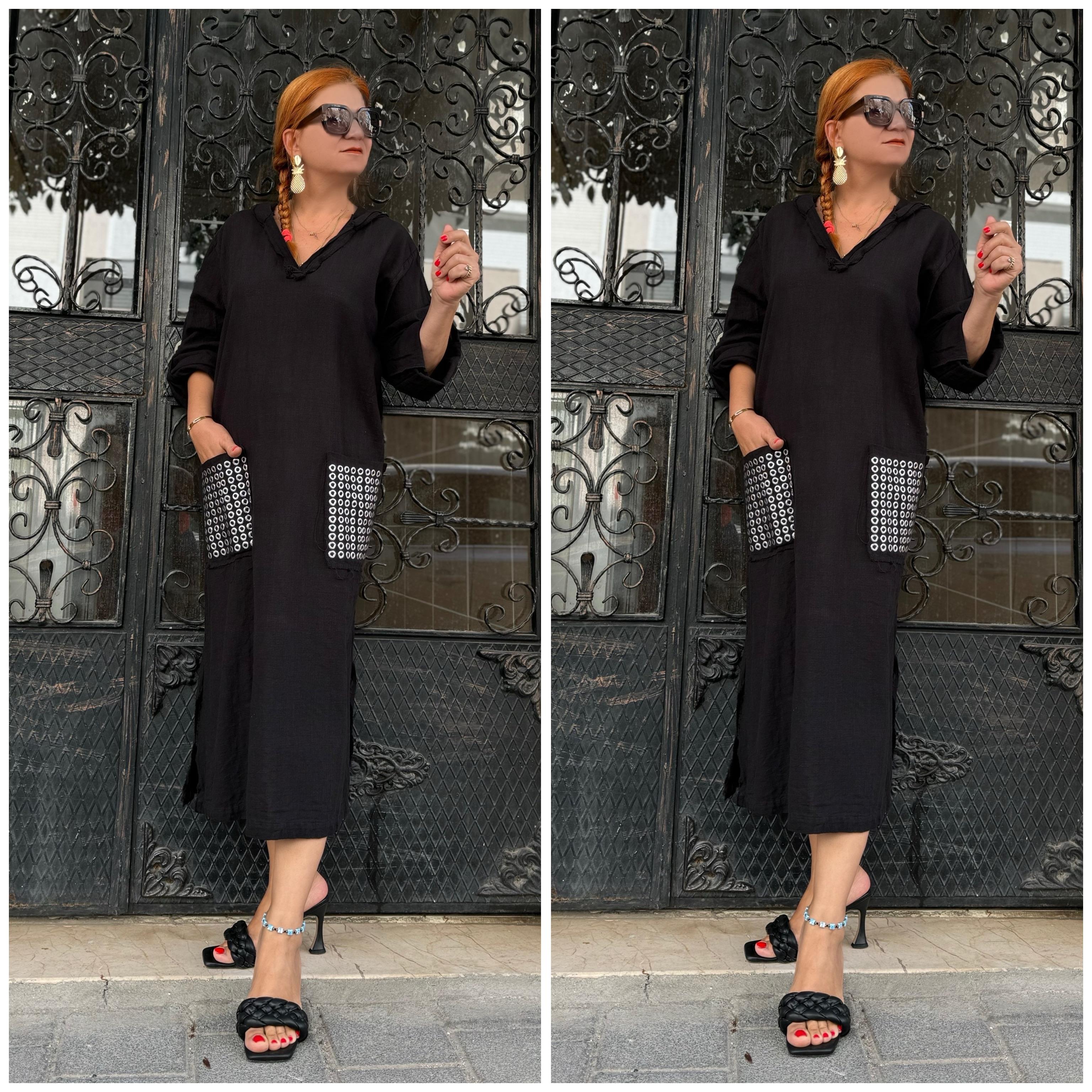 8040 PREMIUM İTALYAN PAMUKLU CEP DETAY KAPŞONLU ELBİSE 44 BEDENE KADAR UYUMLUDUR SİYAH boyum 1.64