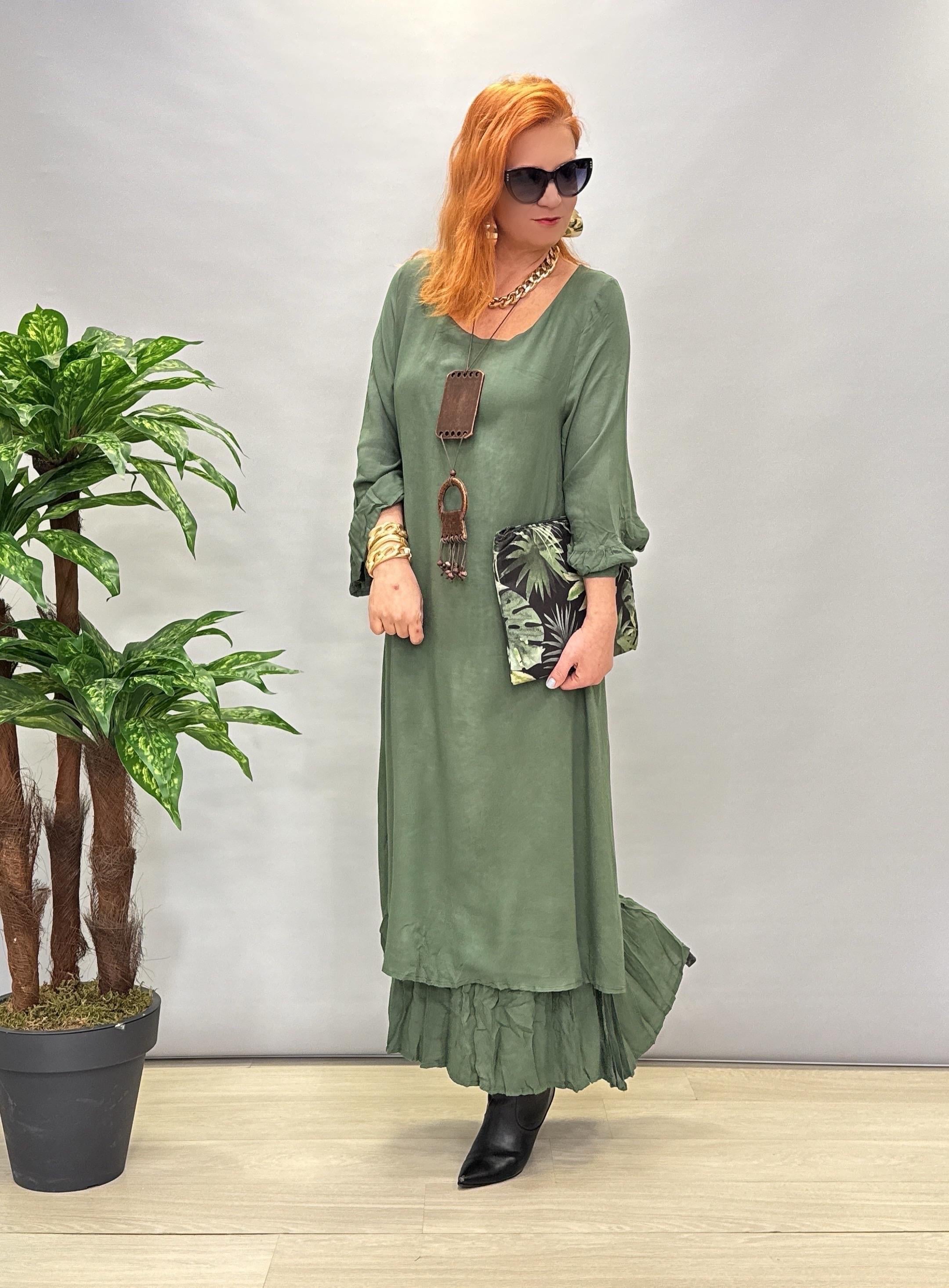 MNS 8081 PAMUKLU VİSKON ELBİSE HAKİ YEŞİL