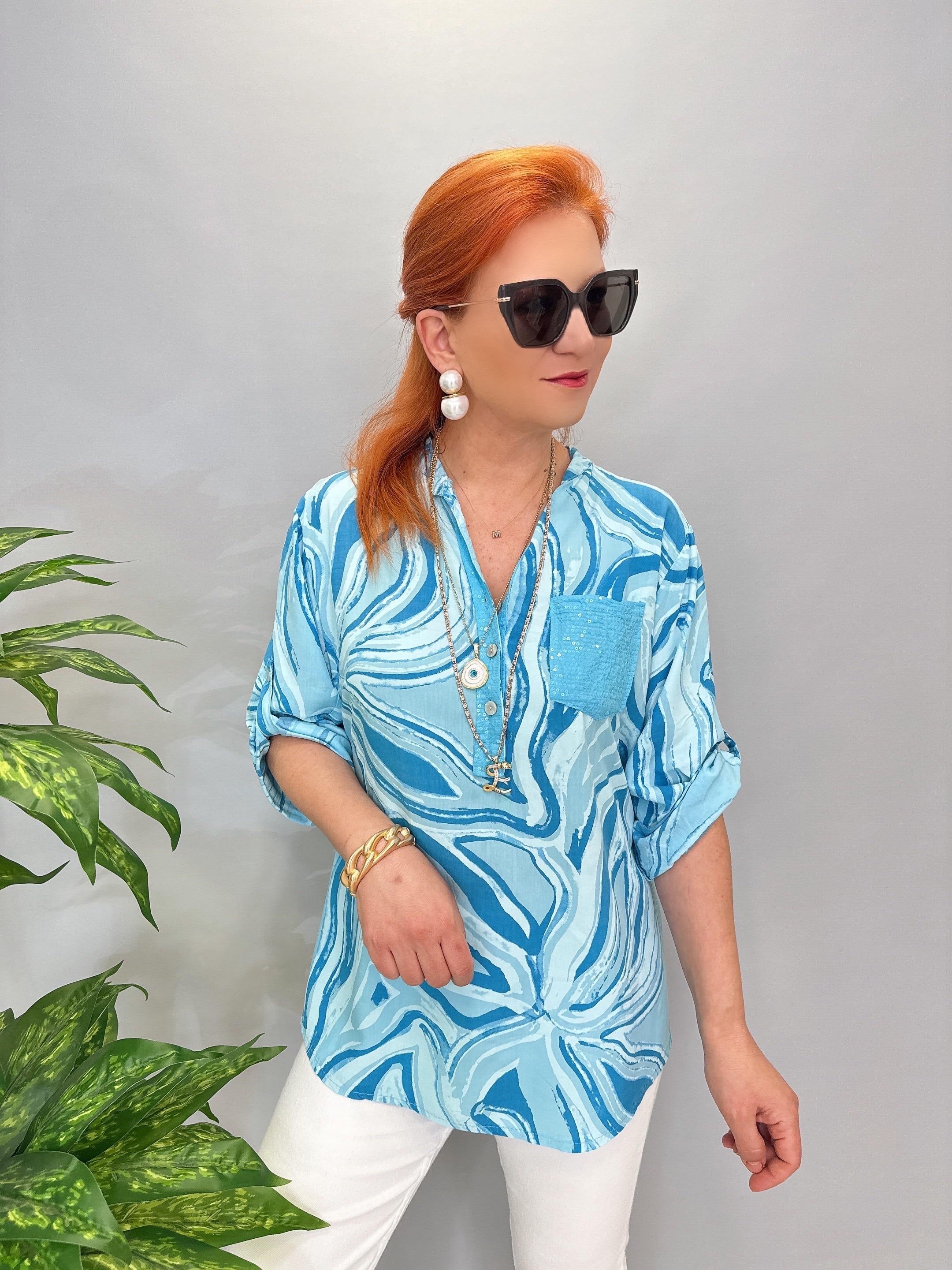 8085 İTALYAN PAMUKLU VİSKON BLUZ MAVİ