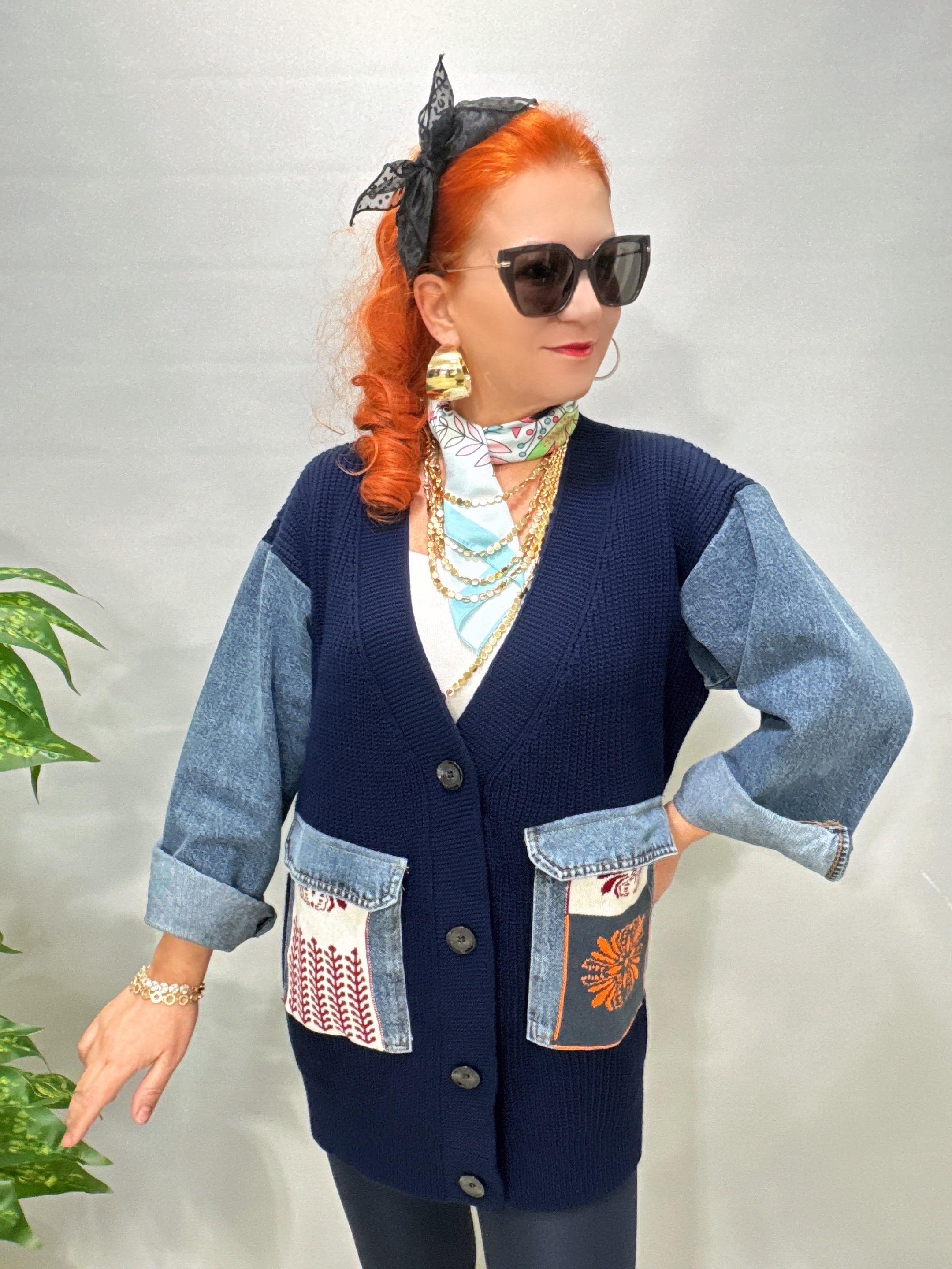 8523 Tasarım Jean Detaylı Hırka Lacivert