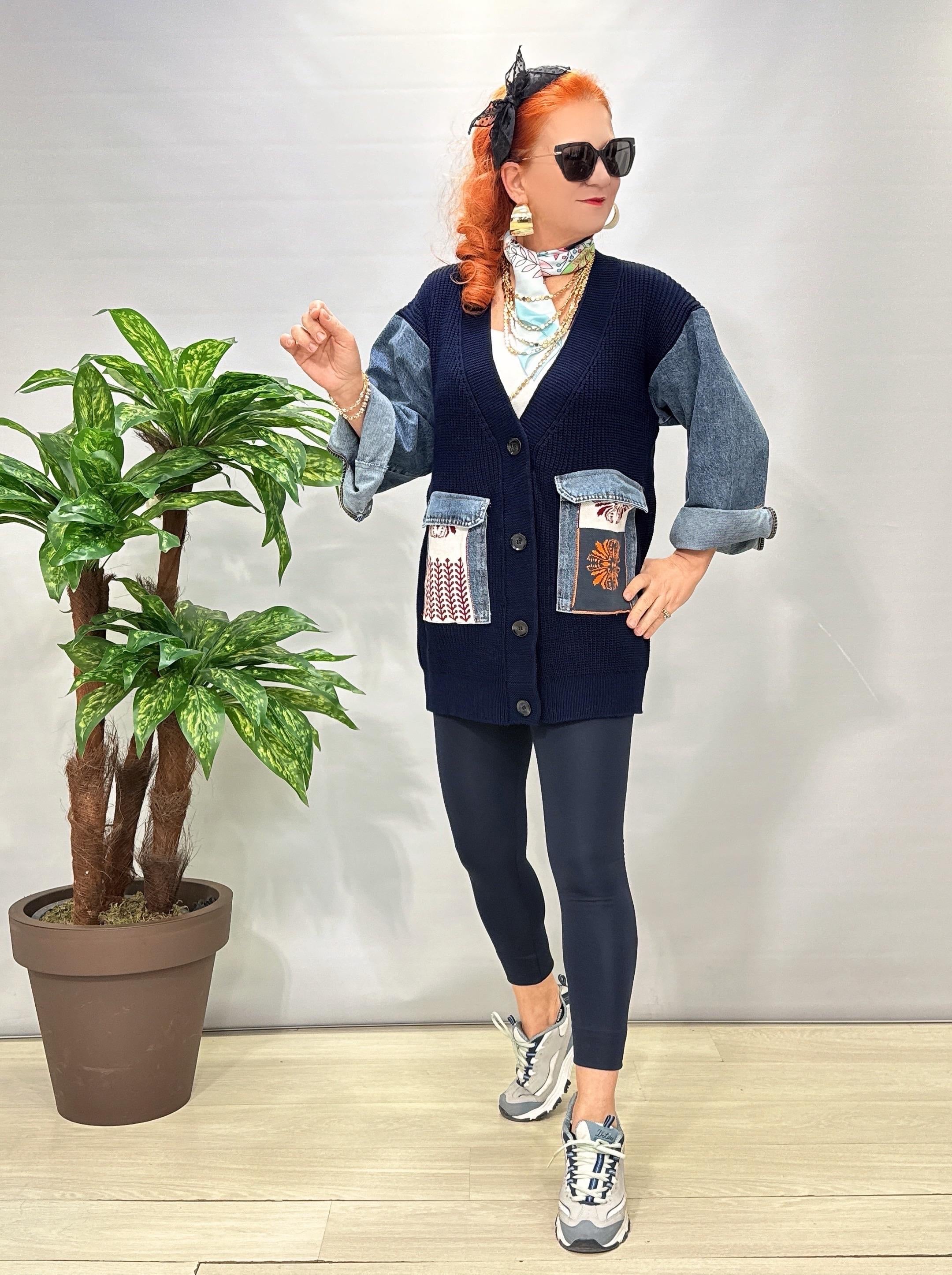 8523 Tasarım Jean Detaylı Hırka Lacivert