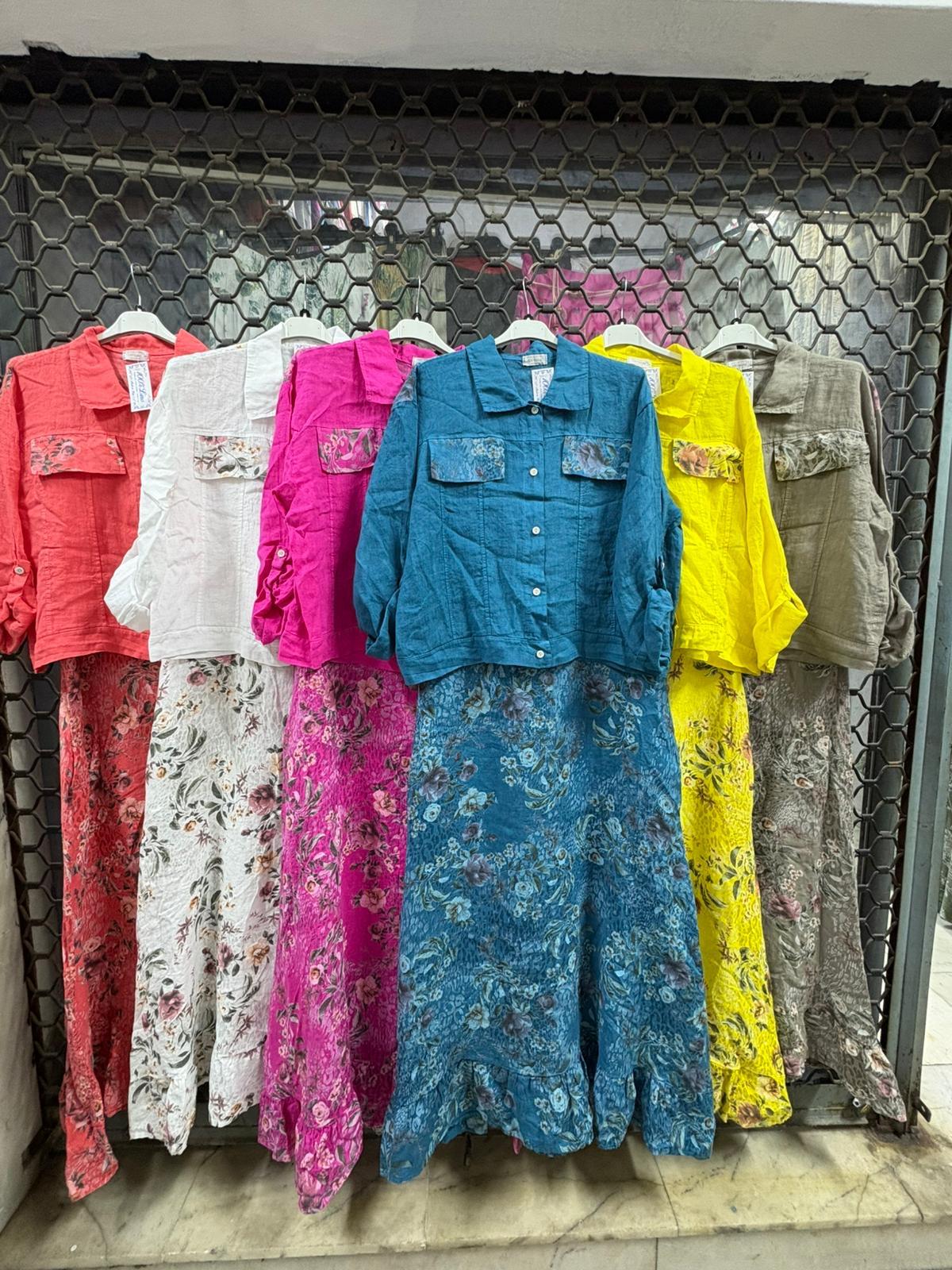 8590 Italyan Ham Keten Ceketli Elbise Turkuaz