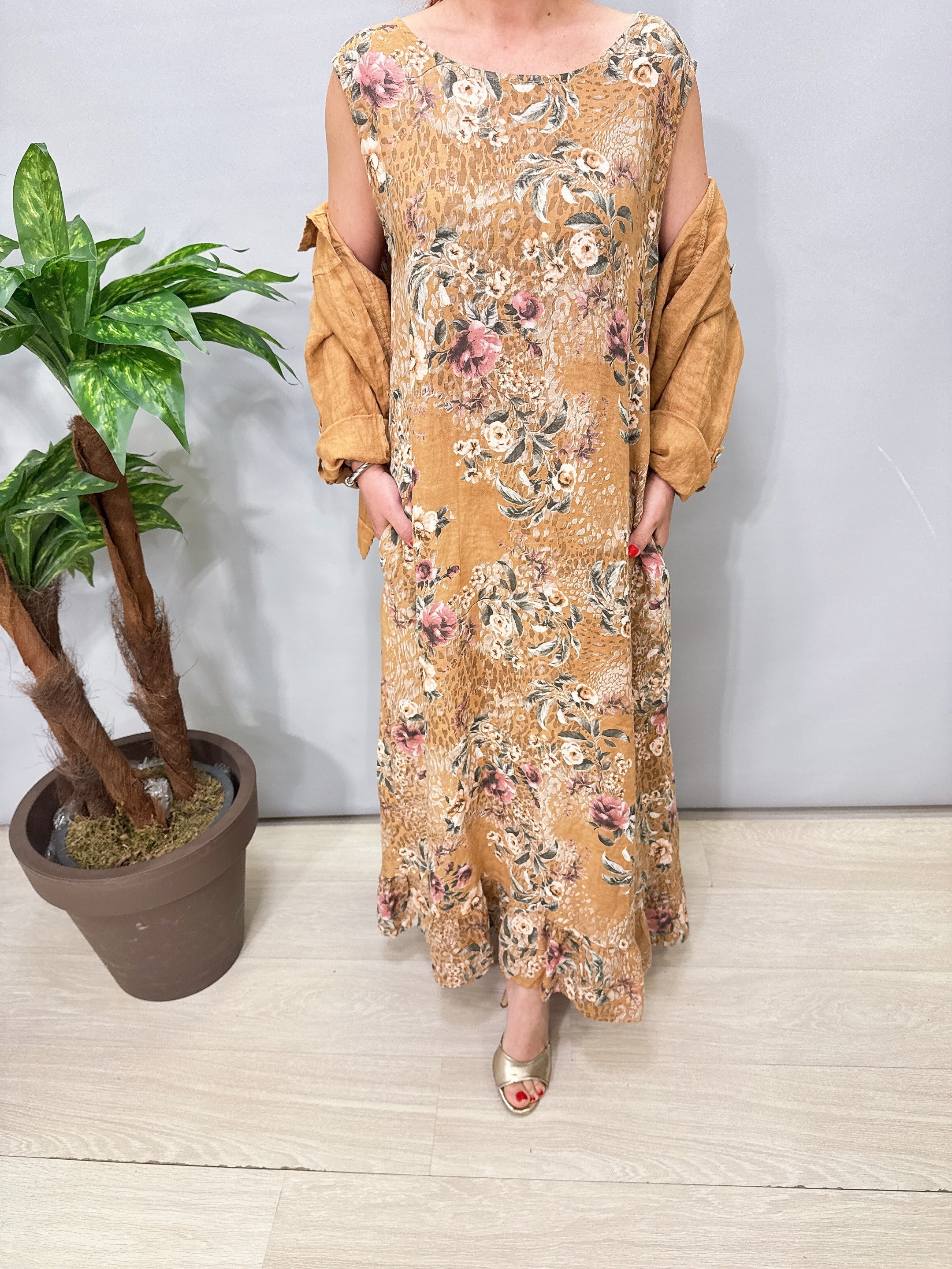 8590 Italyan Ham Keten Ceketli Elbise Camel