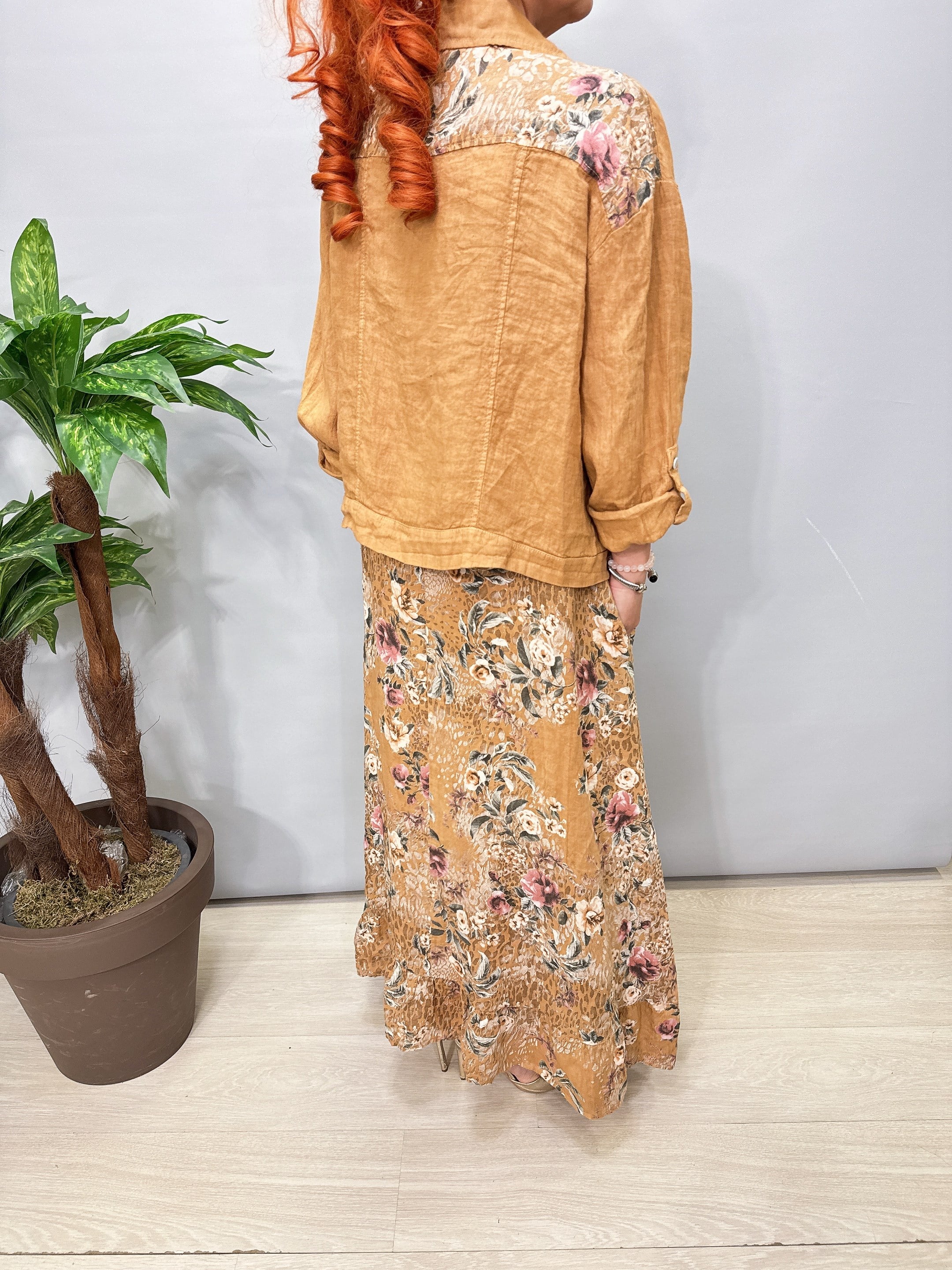 8590 Italyan Ham Keten Ceketli Elbise Camel