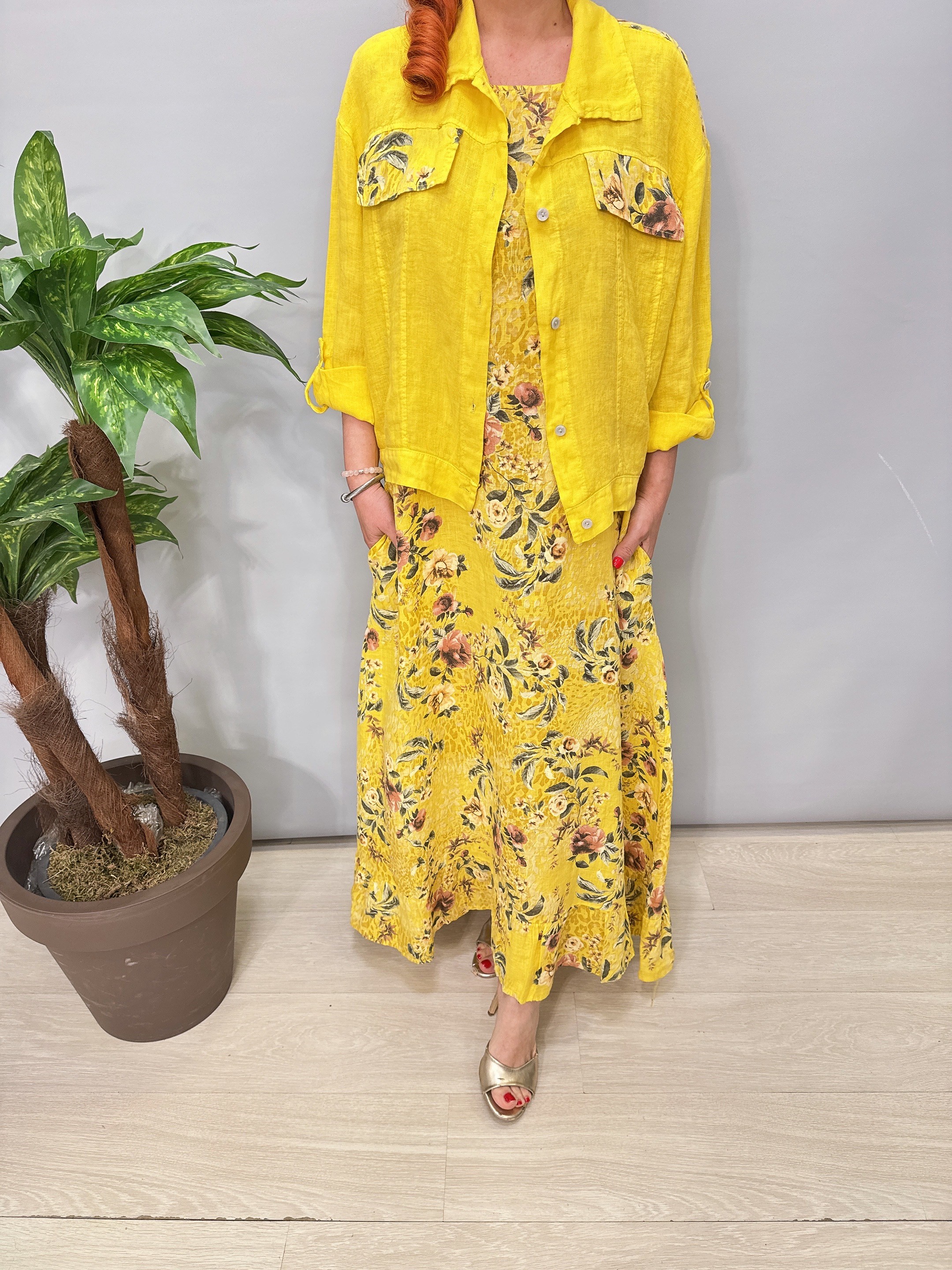 8590 Italyan Ham Keten Ceketli Elbise Sarı