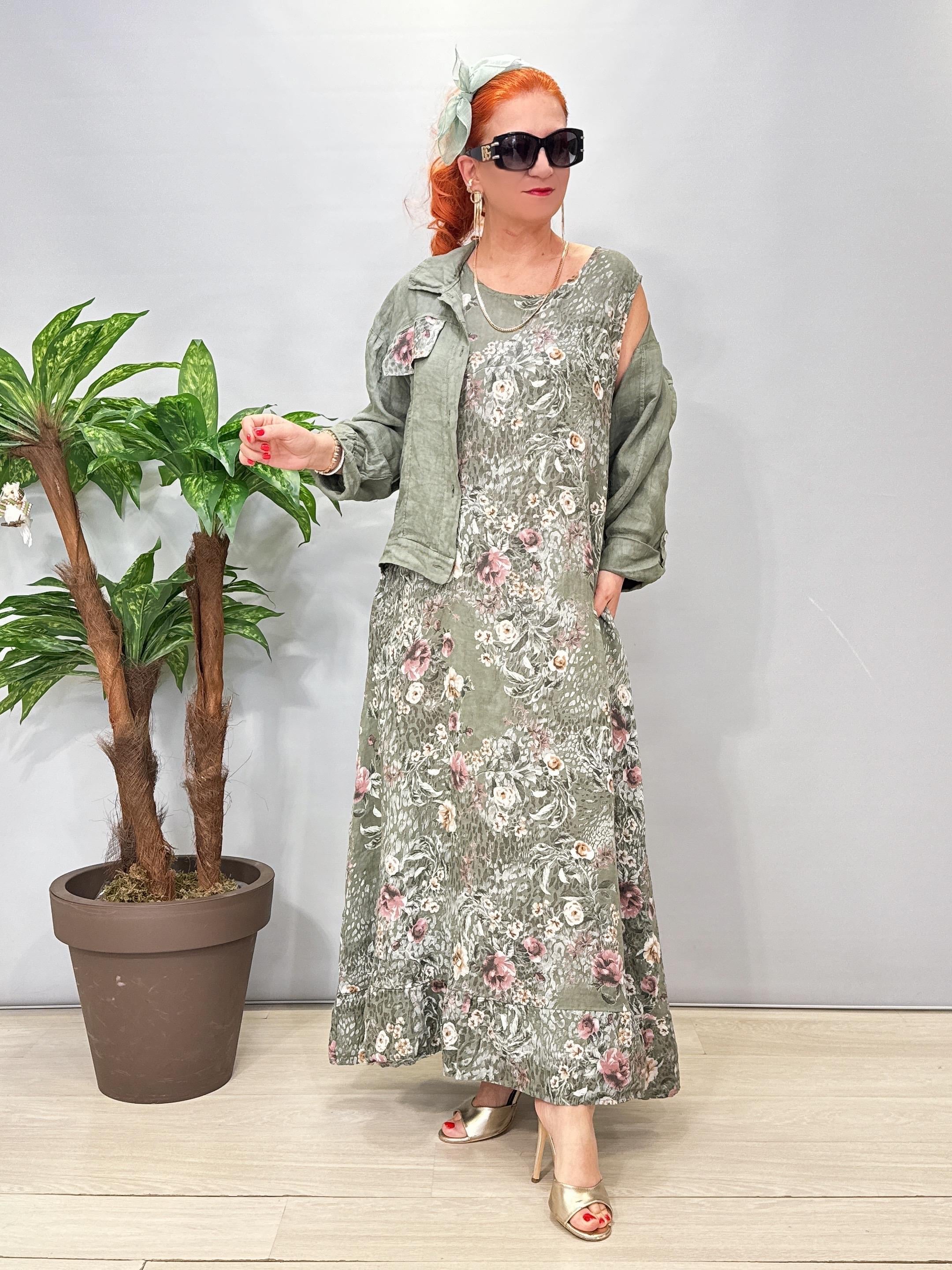 8590 Italyan Ham Keten Ceketli Elbise Haki 