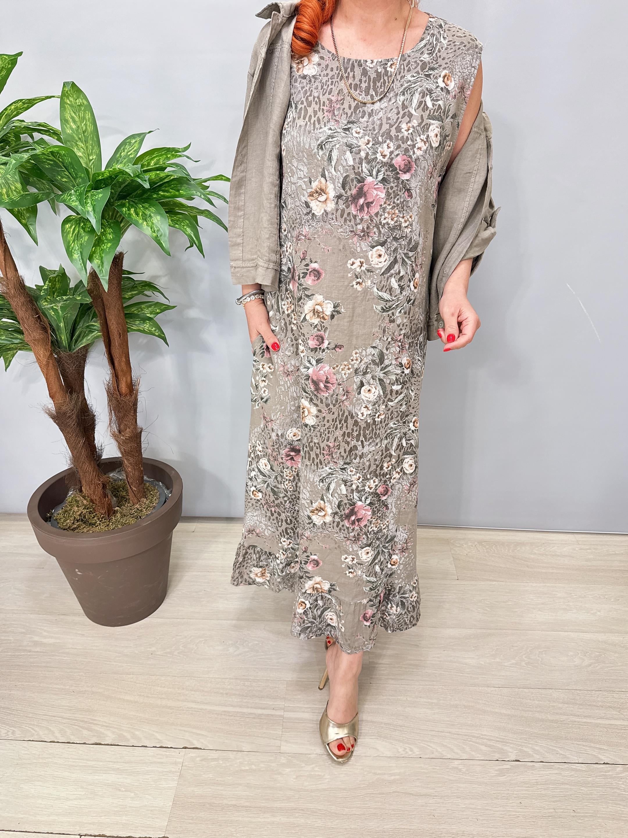 8590 Italyan Ham Keten Ceketli Elbise Vizon