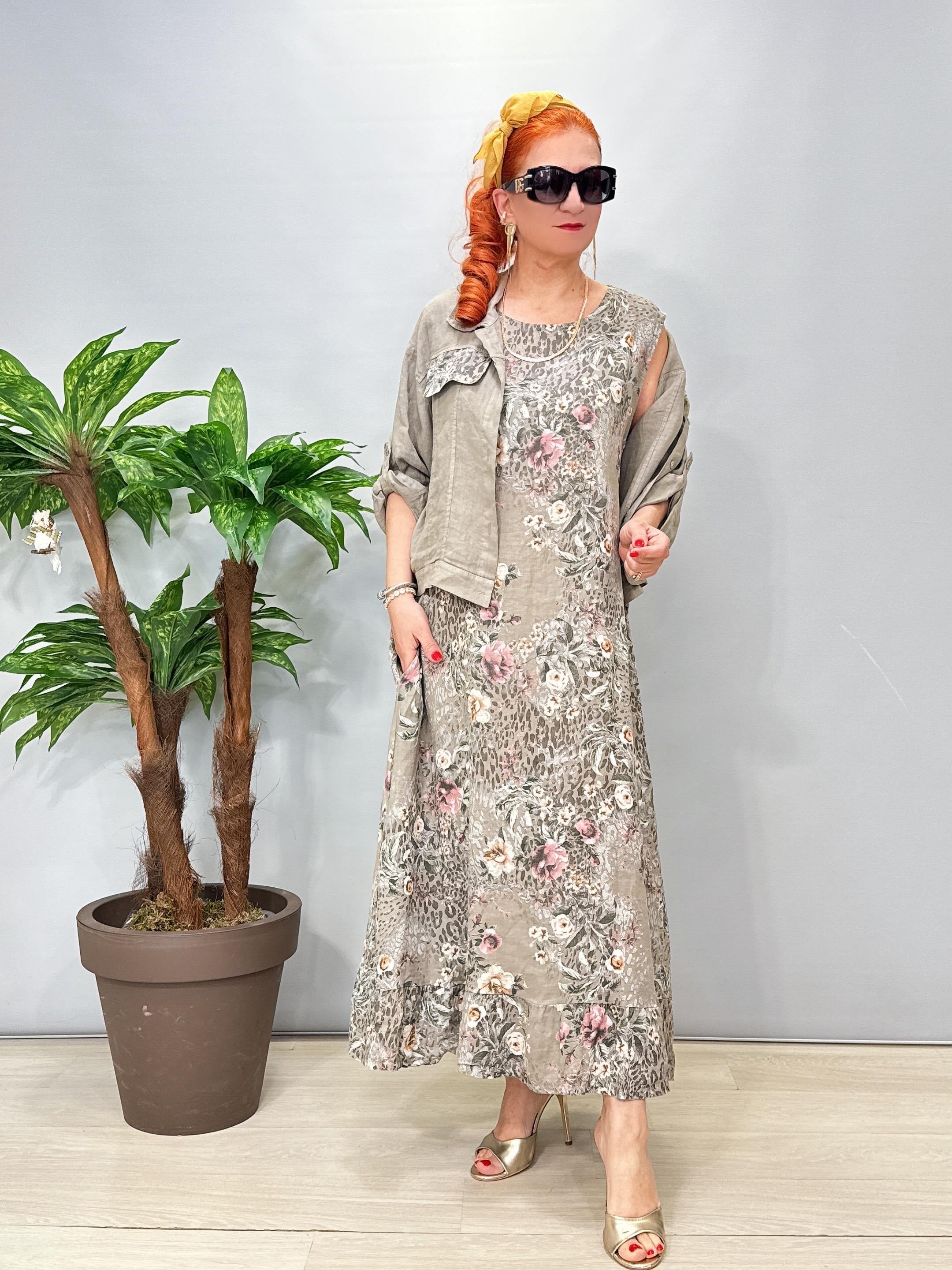 8590 Italyan Ham Keten Ceketli Elbise Vizon