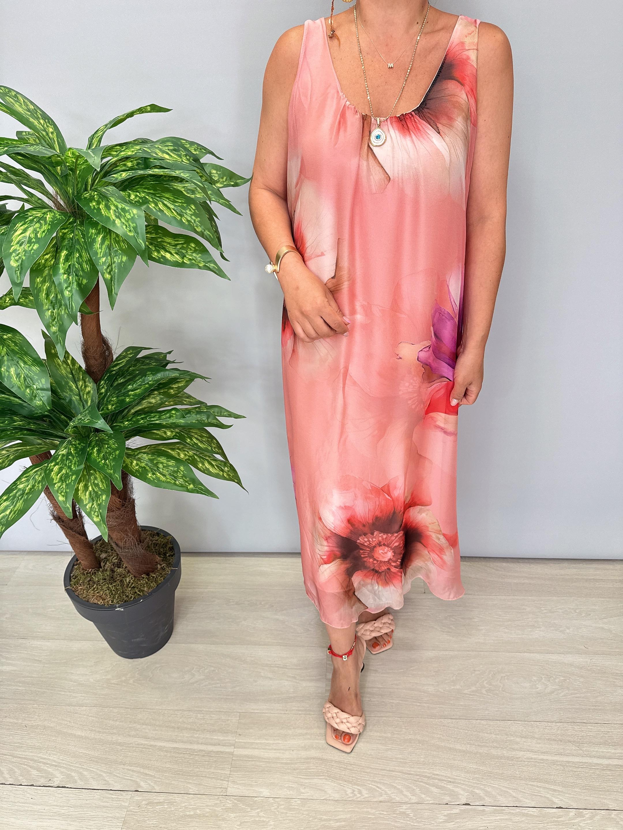 8822 Italyan İpek Elbise Pudra