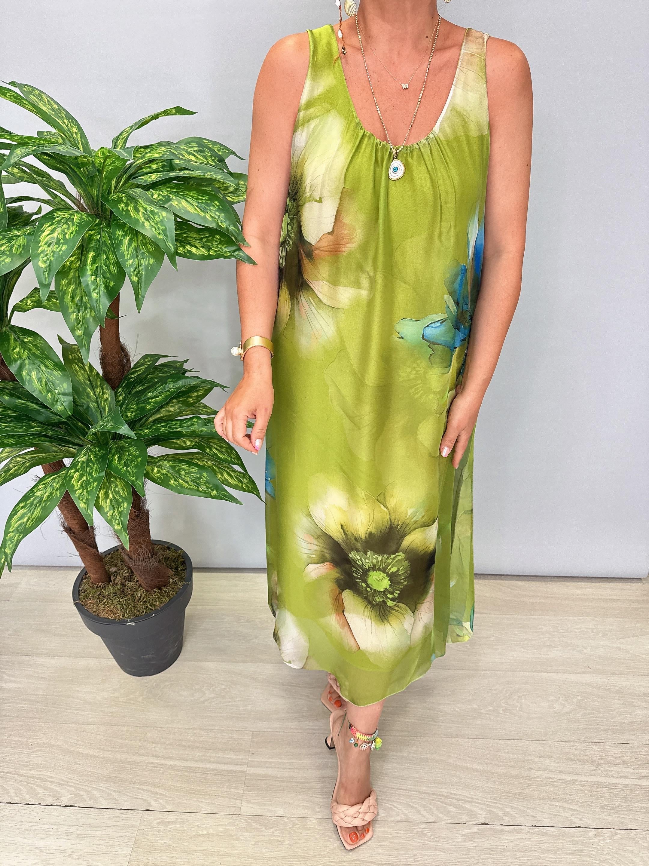 8822 Italyan İpek Elbise Yeşil