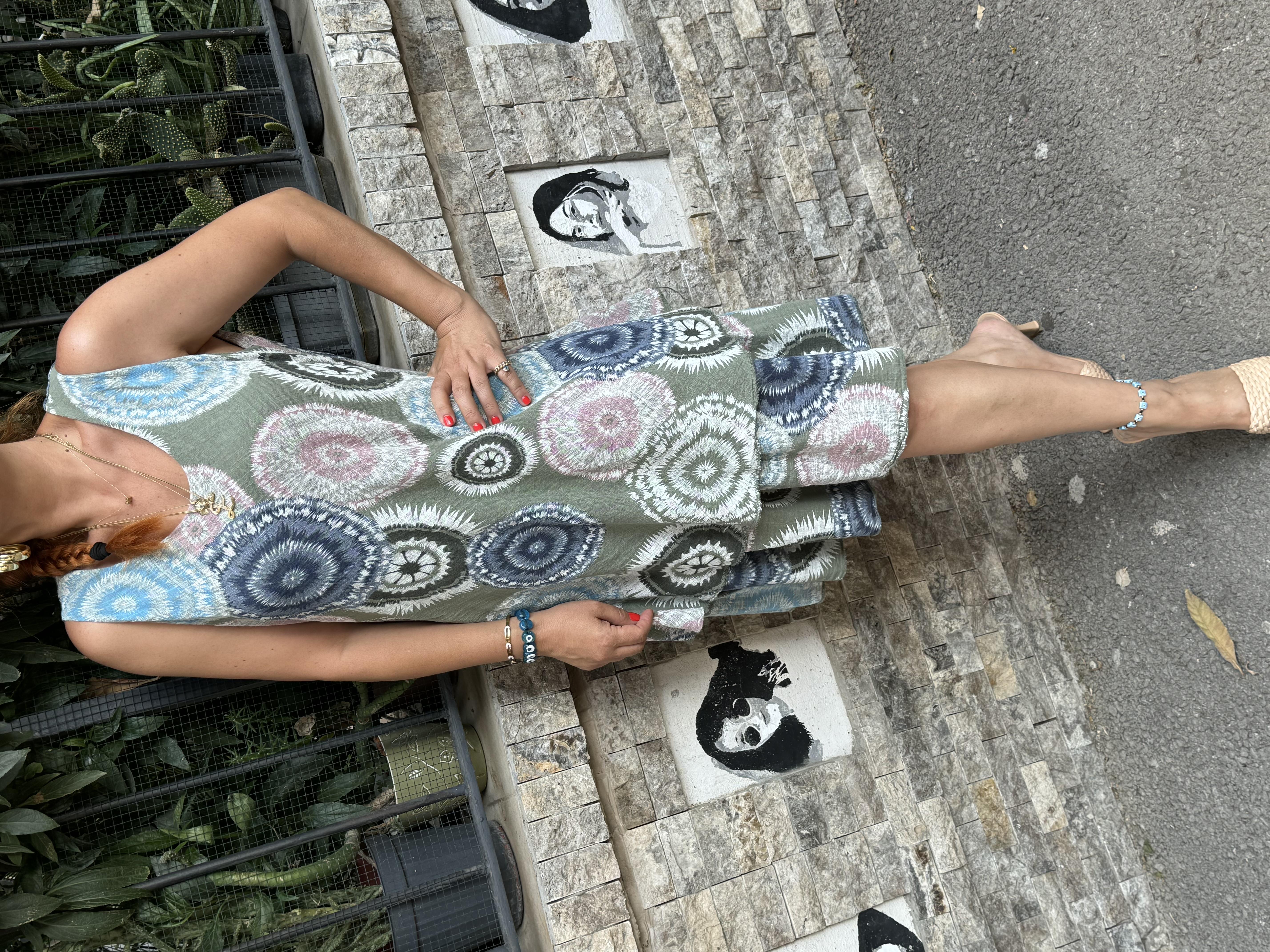 8903  PREMIUM İTALYAN PAMUK  DESENLİ  ELBİSE 40/46 BEDENE UYUMLUDUR  HAKİ boyum 1.64