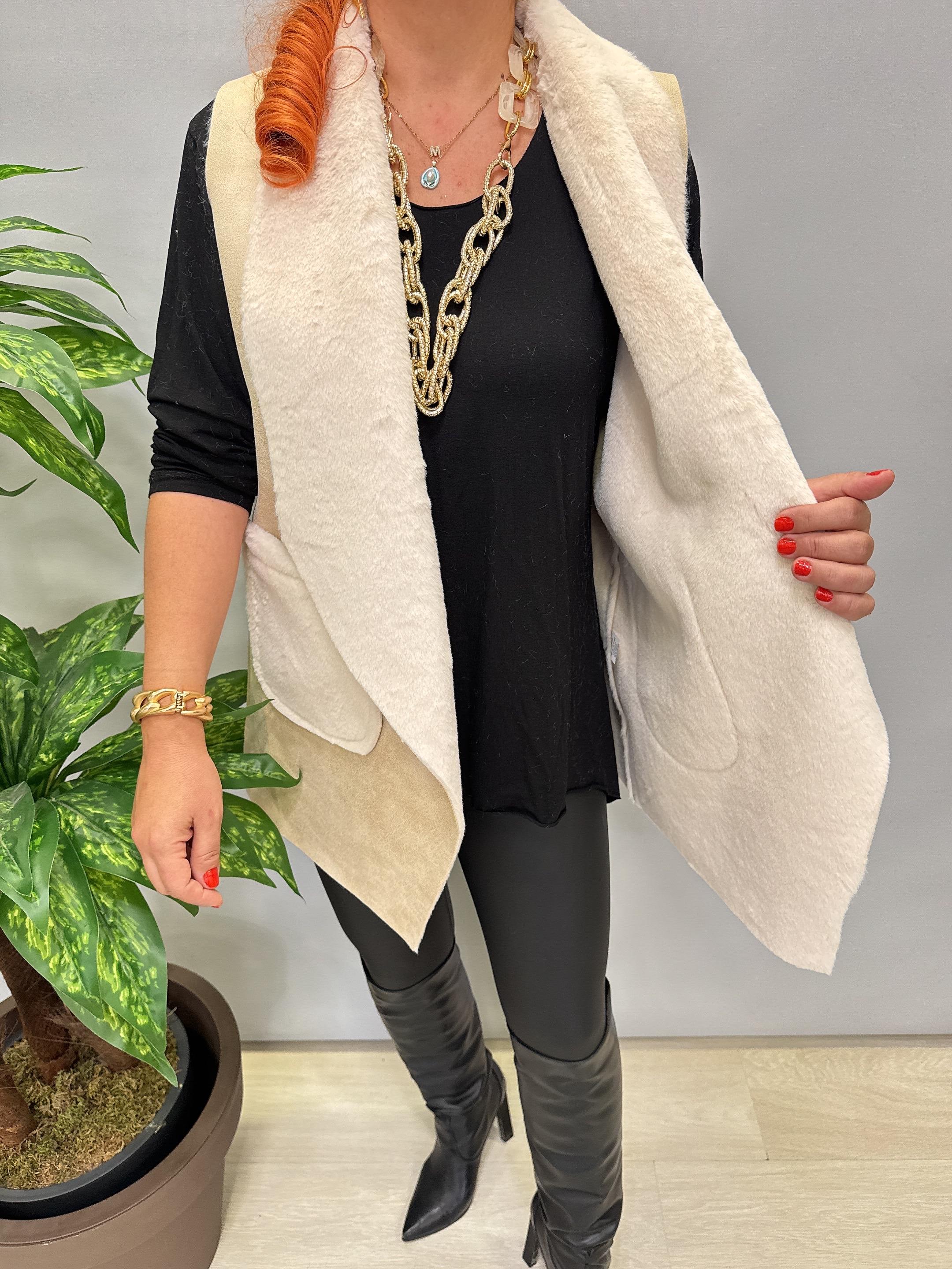 9960 İçi Kürk Detay Yelek Krem