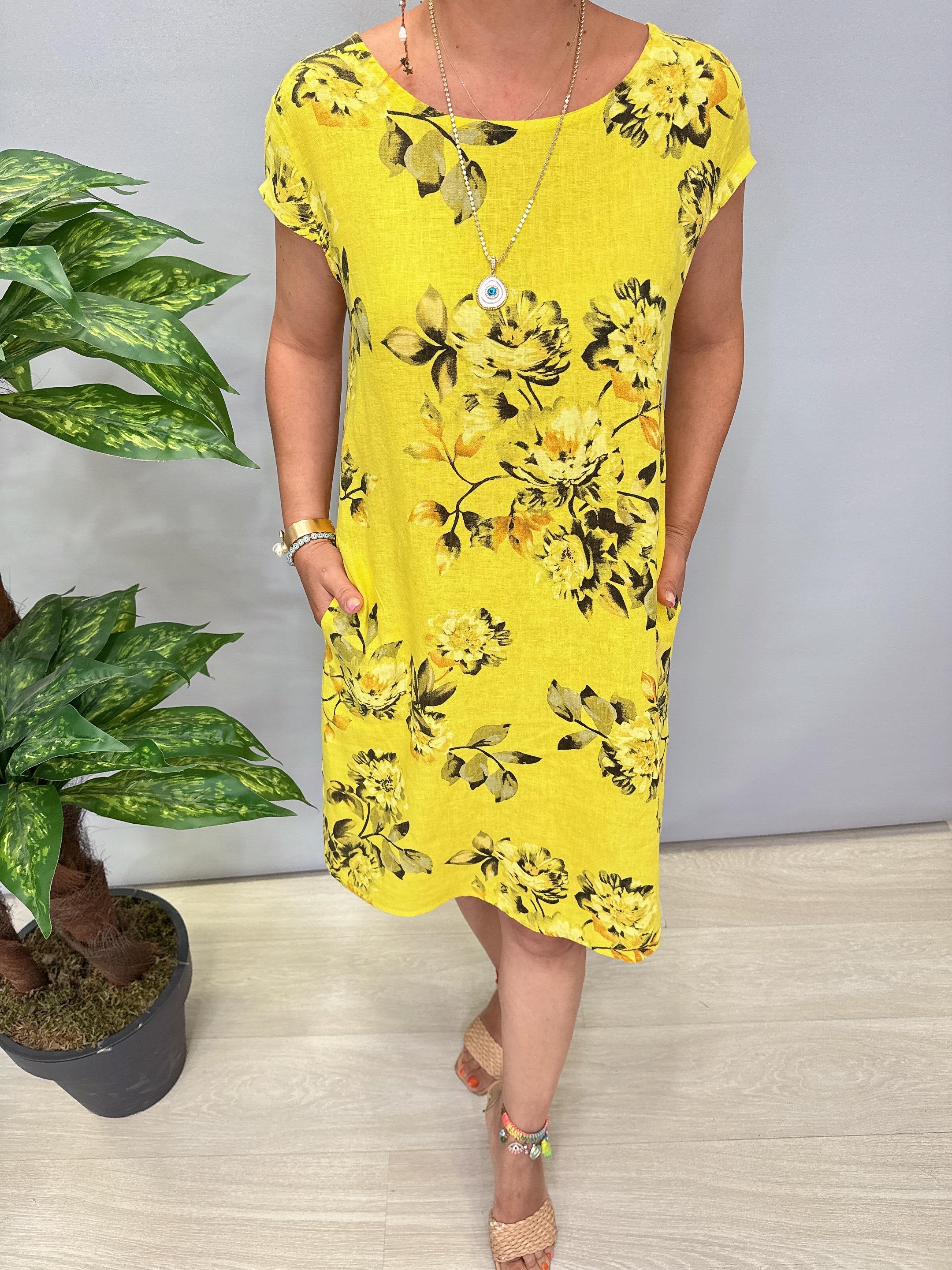 9980 Pamuk Keten Elbise Sarı