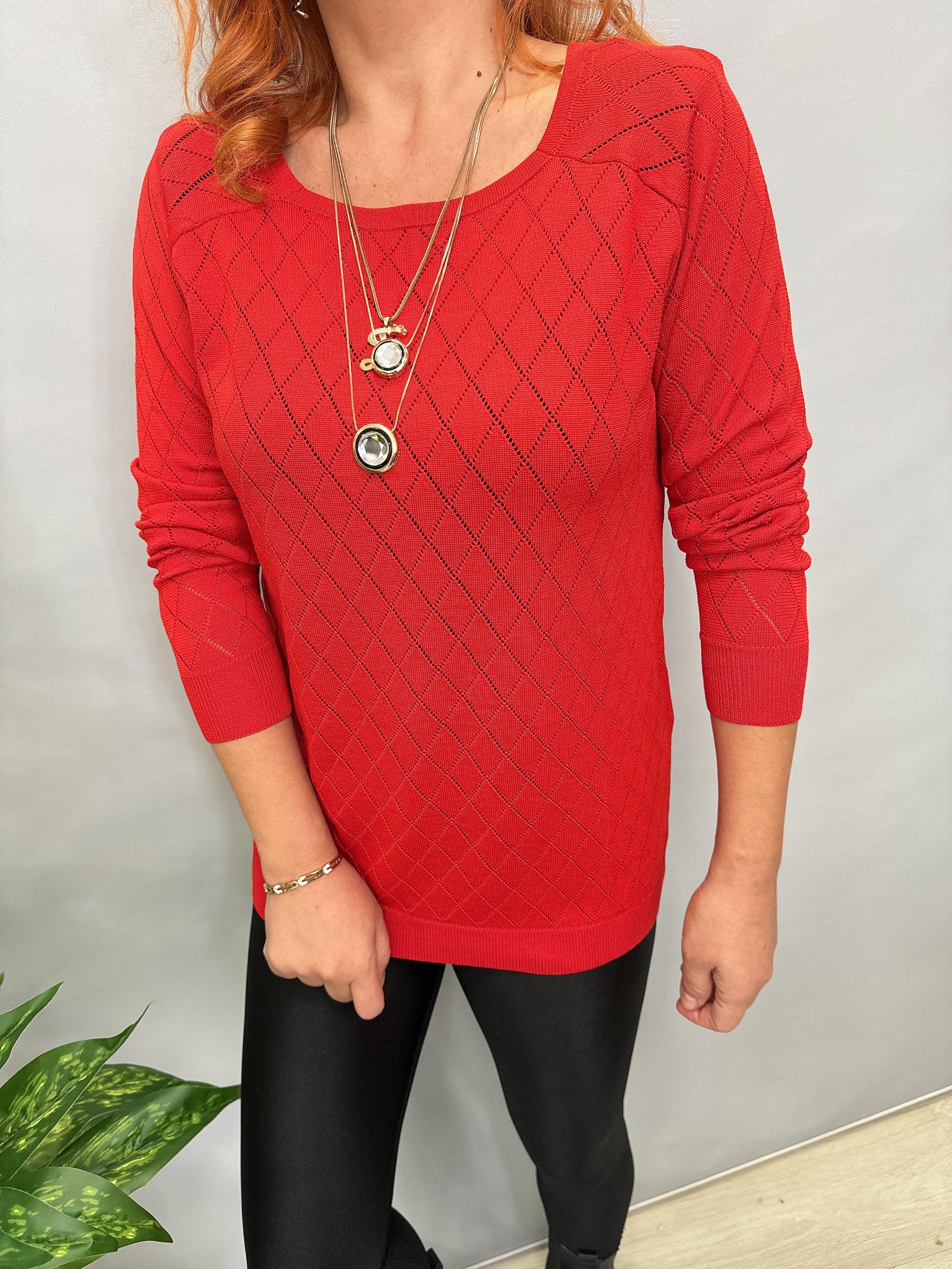 MNS 0018 BAKLAVA DESEN TRİKO BLUZ KIRMIZI  42 BEDENE KADAR UYUMLUDUR