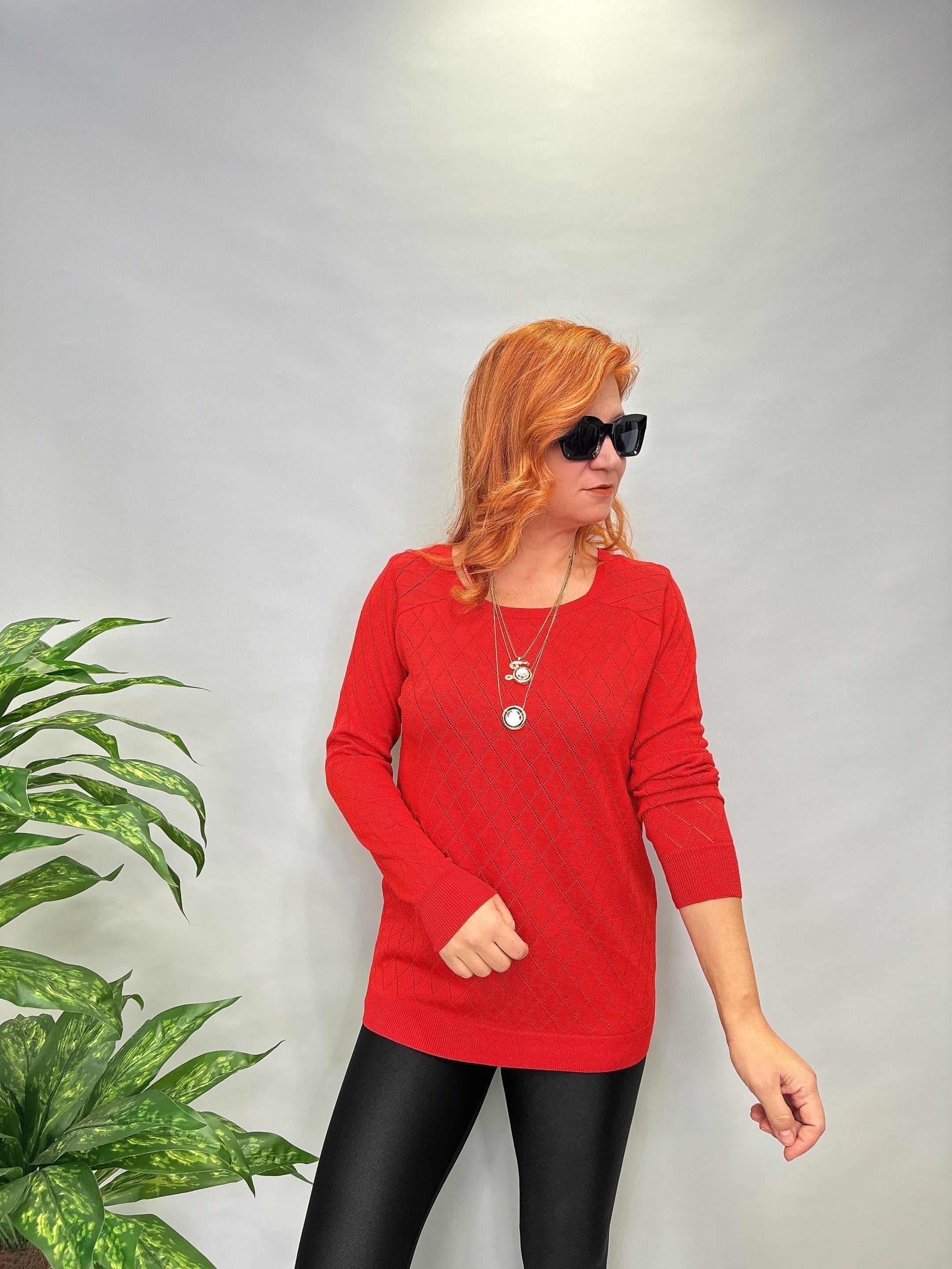 MNS 0018 BAKLAVA DESEN TRİKO BLUZ KIRMIZI  42 BEDENE KADAR UYUMLUDUR